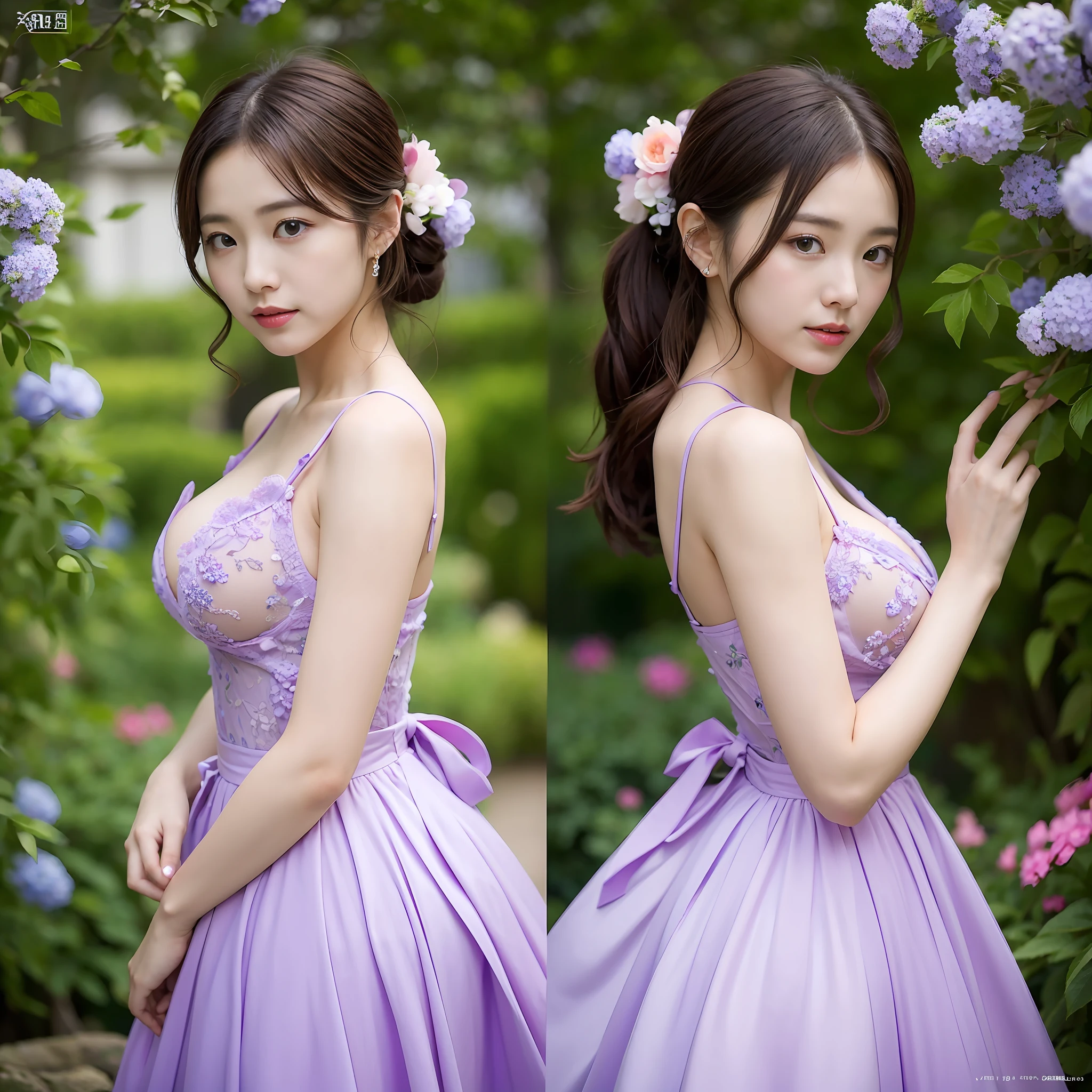 (top-quality、masterpiece:1.2)、portraitures、breastsout、outside of house、25-year-old woman named Yiping in the garden:2、Purple evening dress、Confusing light blue flowers on background:1.3)the same character、different costume、Different Angle、back lighting:1.5、More on rich skin:1.5、breezing、Dresses swaying in the wind