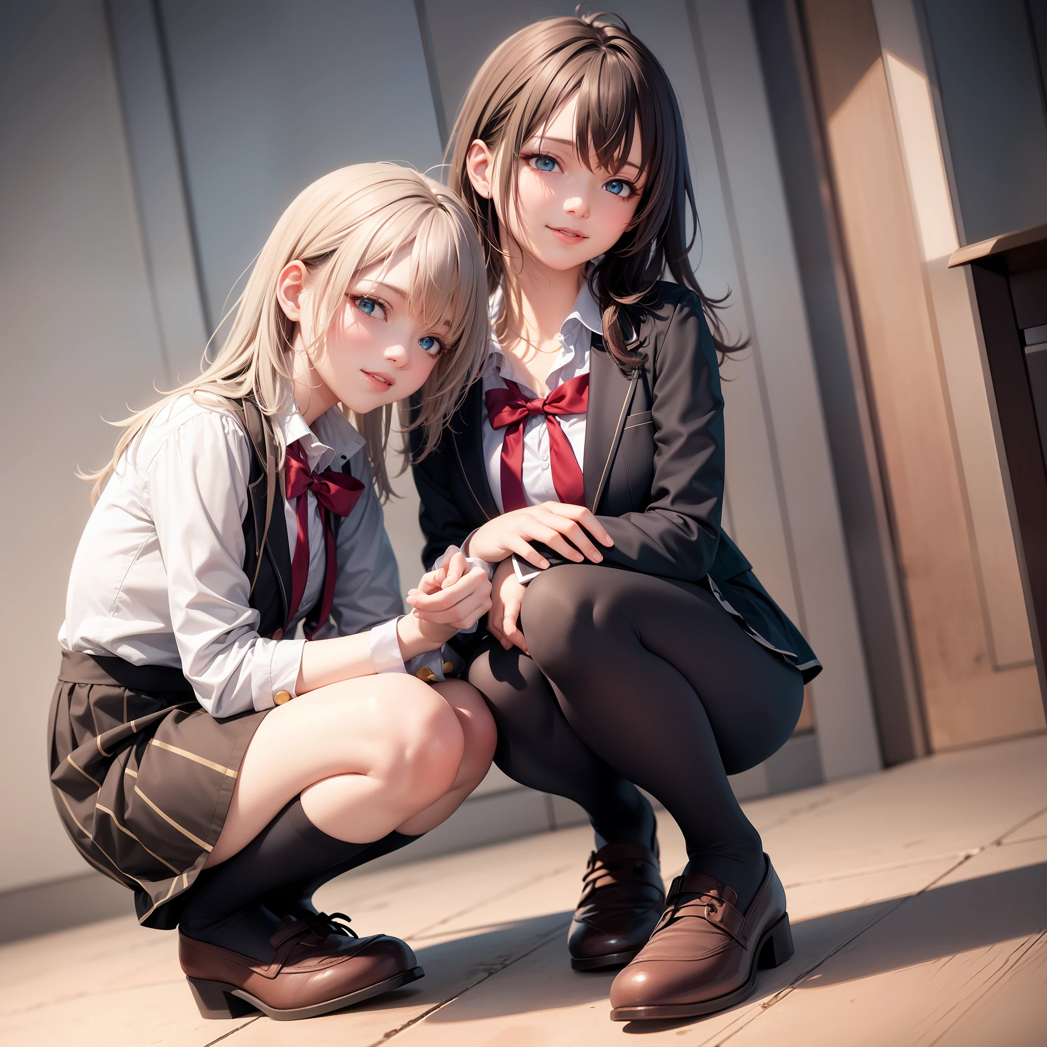 Detailed reflective eyes with professional digital painting, Beautiful cute slender face, lightsmile, Full body shot of one girl, Wavy short hair, Wearing school uniform, Squatting,Front lighting, 8K resolution,