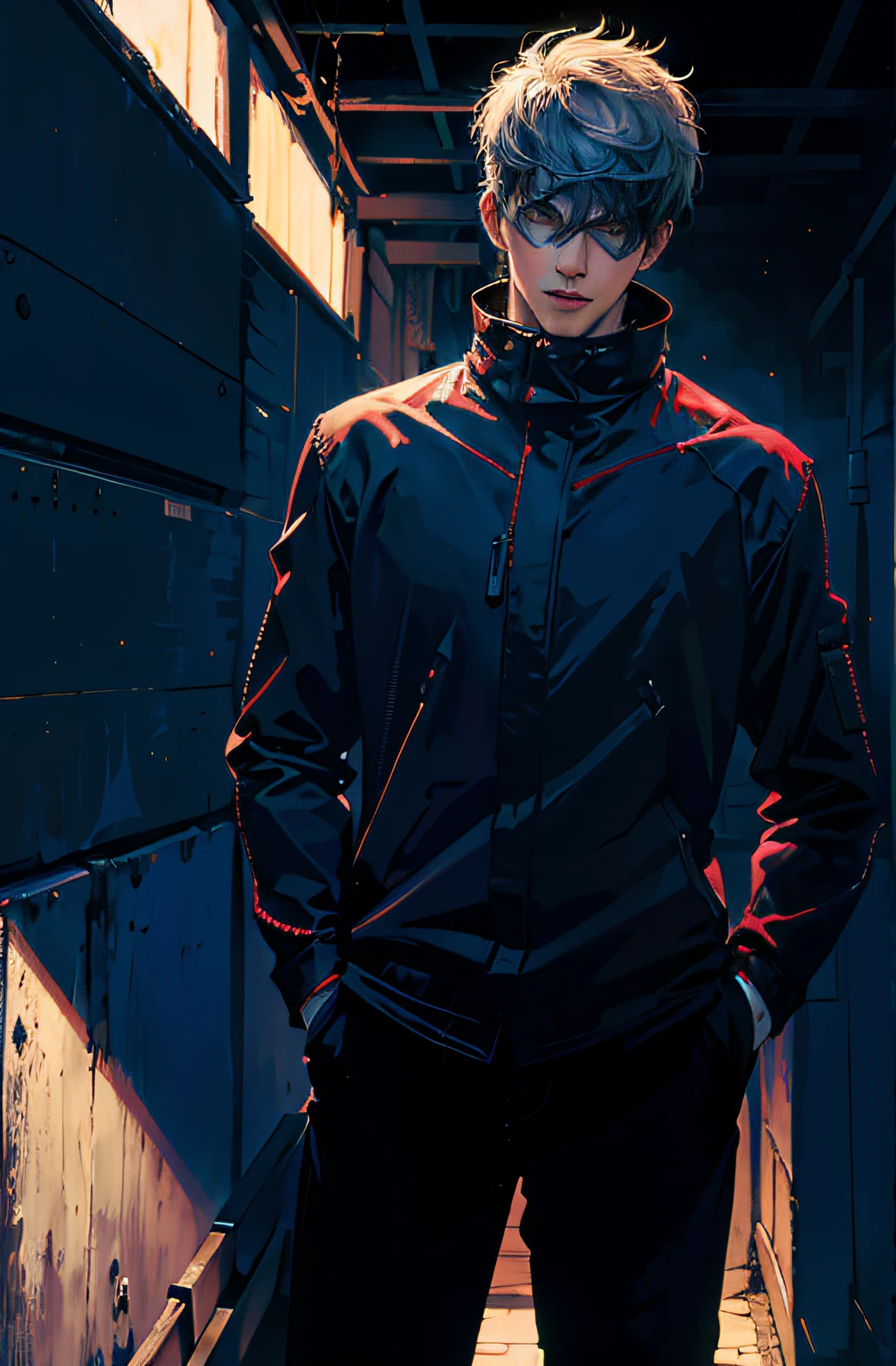 (obra-prima, melhor qualidade: 1.2), tiro de cowboy, solo, foco masculino, 1boy, gojo satoru, sorriso, Hands in pockets, venda, jaqueta preta , cabelo branco ,