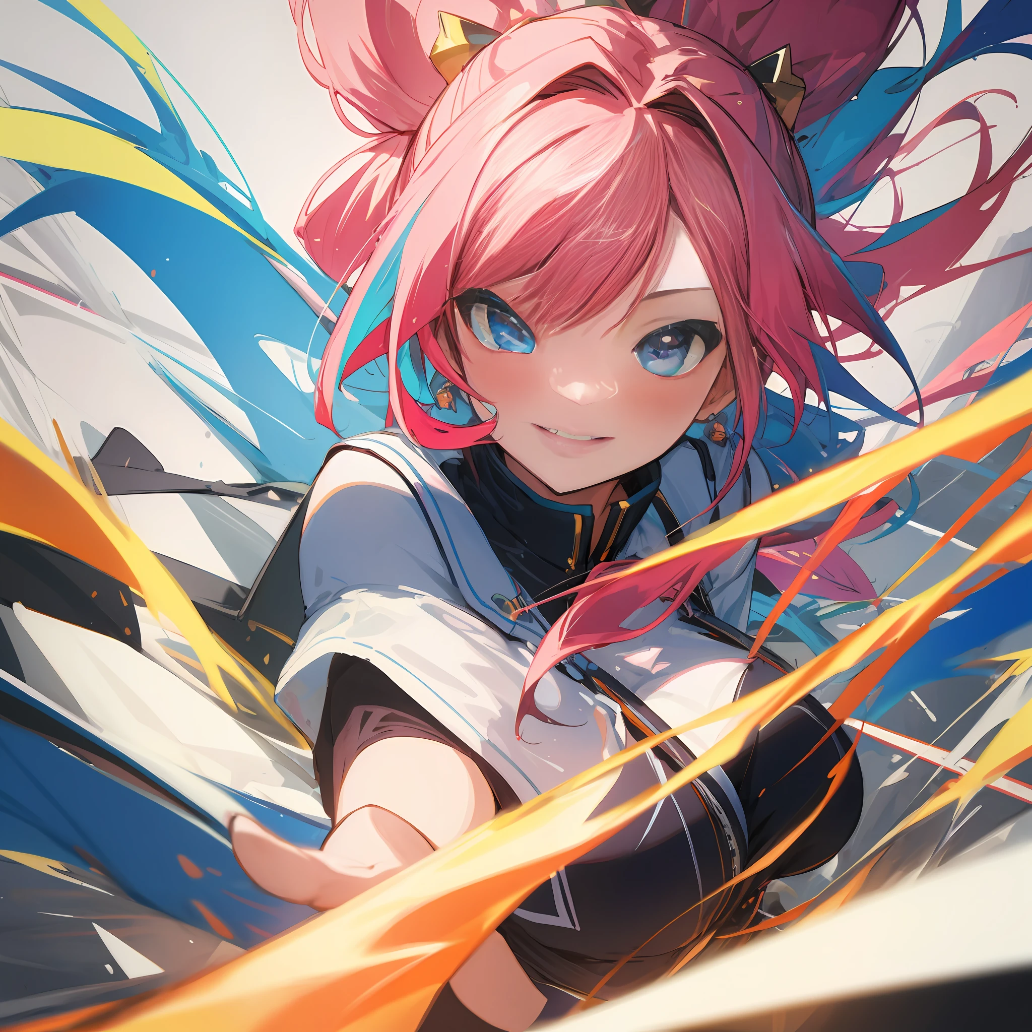 (best quality , masterpiece:1.2) , 8K wallpaper , huge filesize , highres, absurdres , high resolution ,extremely detailed ,
BREAK
1girl, smile , blush , multicolor hair , active pose , dynamic angle, vivid color