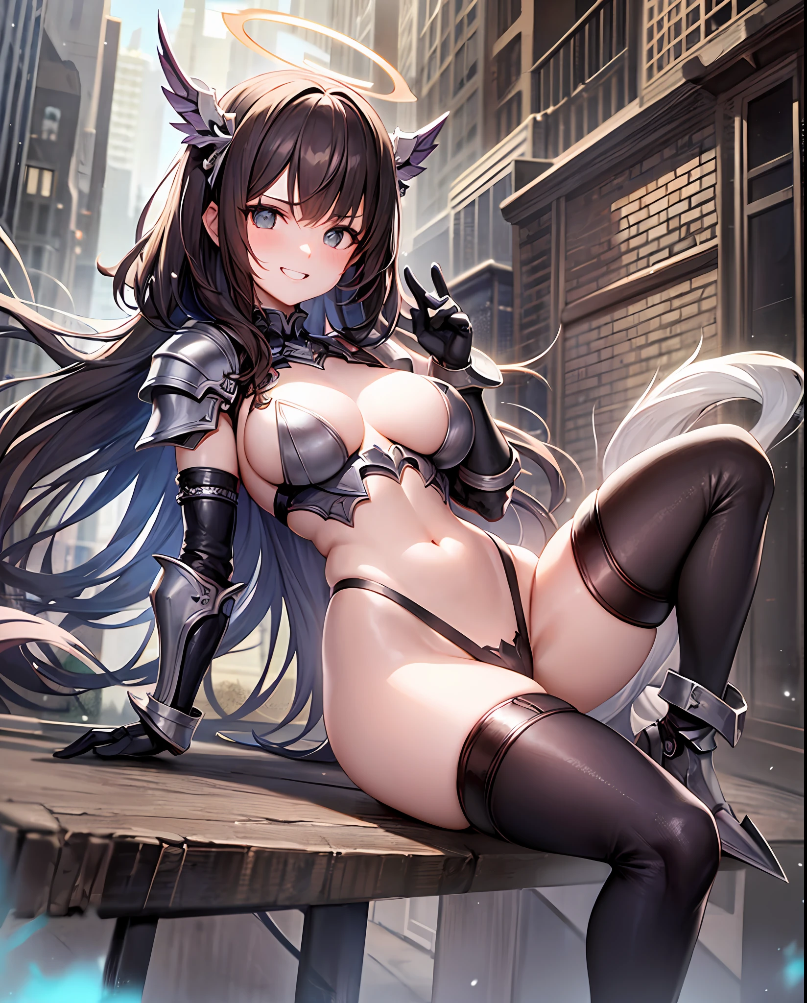 fantasy, 1angel_girl, loli,bwn_hair, medium_bob_hair, long_bangs, halo,bare_shoulder,thighhighs,silver_armor, waist_armor, large_breasts,grinning,teeth, 1pair_wings, dynamic_pose_fighting,floating, bare_crotch, headgear,gauntlet, greaves,city_sky_background,slightly_spread_legs, solo, groin_naked