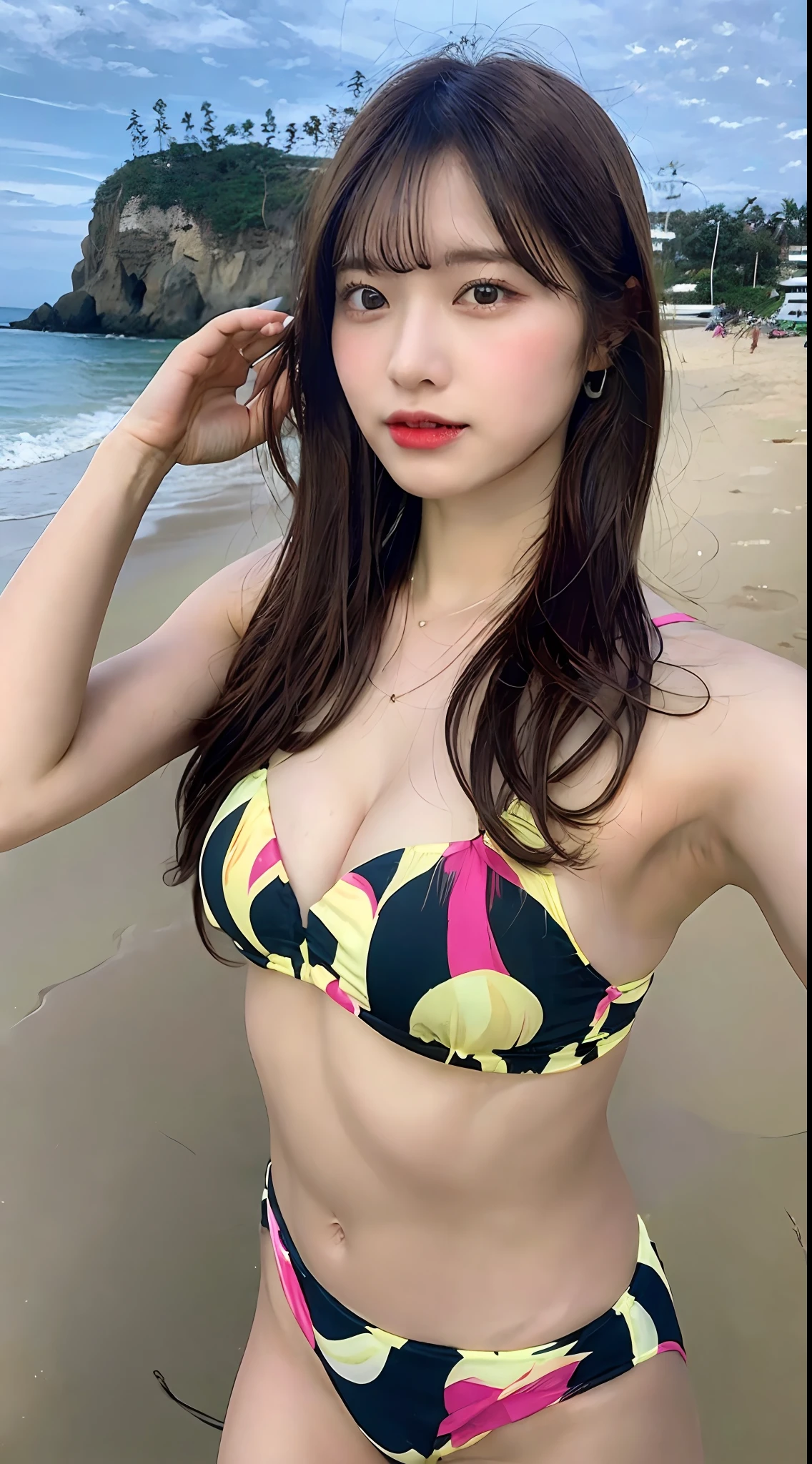 ((top-quality、in 8K、masterpiece:1.3))、foco nítido:1.2、Beautiful Women in Perfect Style:1.4、Slender Abs:1.2、((dark brown hair、Colossal tits:1.2))、(beach side:1.1)、Highly detailed facial and skin texture、A detailed eye、二重まぶた、Bikini in flashy colors、fully body photo、
