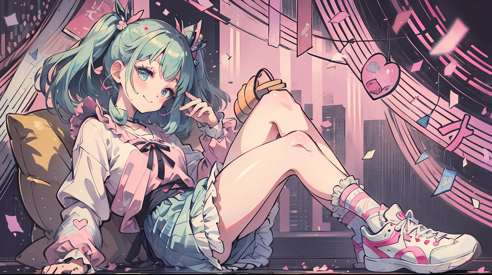 Seated anime girl, solo, yumekawaii, sickly kawaii, Harajuku-kei, short head and body, pastel color, casual outfit, sneakers, frills, ribbons, dynamic pose, lively impression, full body composition, shy smile, big eyes, kitschy aesthetic, details you might miss when blinking, pastel background with fluffy motifs --auto --s2