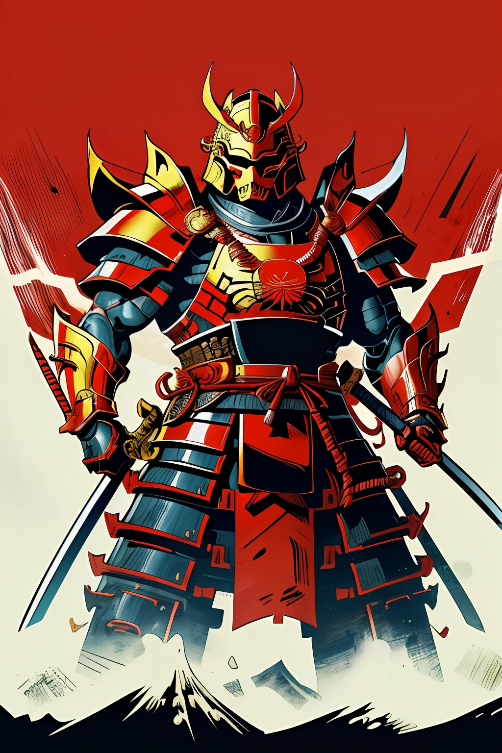 1man, ( oni  helmet and mask),  japanese samurai armor,   golden  chain, glowing eyes, mecha, japanese traditional style ,(katana pose) , fuji mountai
, negative space,      clear lines,  high contrast,  simplified
(comic style), (colored line art:1.5)
