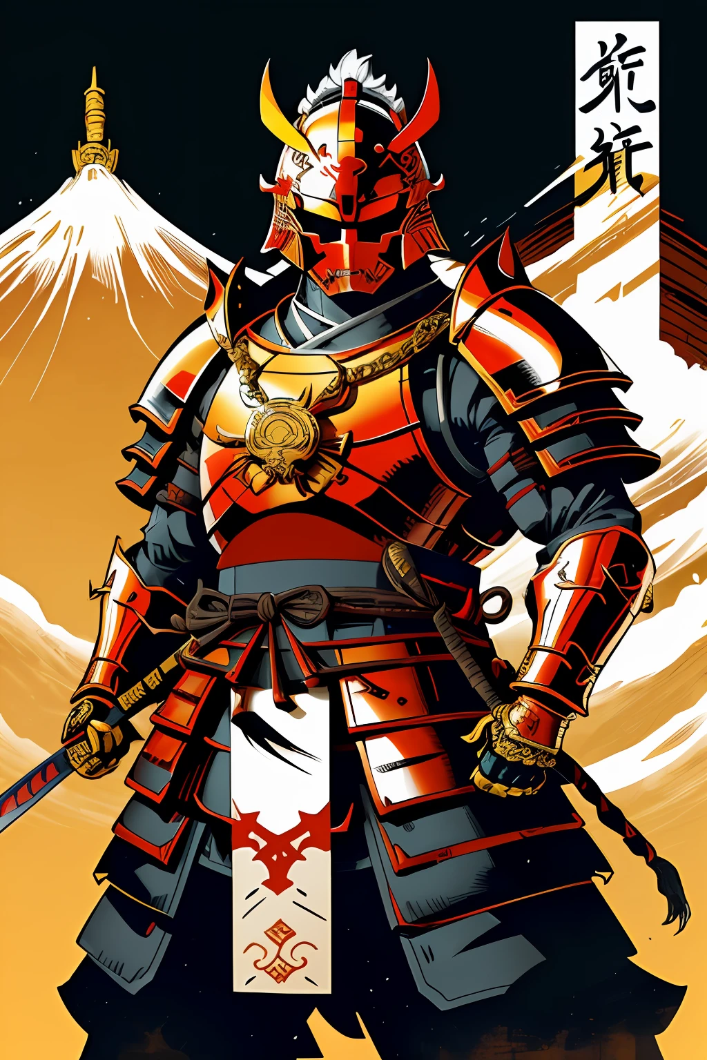 1man, ( oni  helmet and mask),  japanese samurai armor,   golden  chain, glowing eyes, mecha, japanese traditional style ,(katana pose) , fuji mountai
, negative space,      clear lines,  high contrast,  simplified
(comic style), (colored line art:1.5)