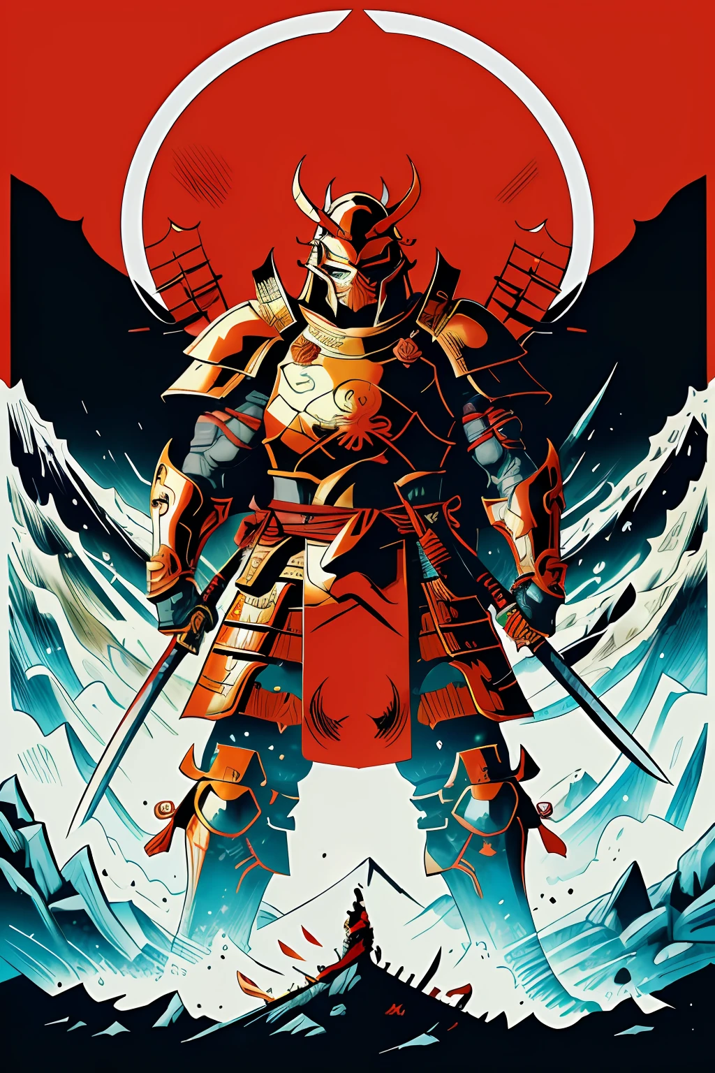 1man, ( oni helmet and mask), japanese samurai armor, golden chain, glowing eyes, mecha, japanese traditional style ,(katana pose) , fuji mountai
, negative space, clear lines, high contrast, simplified
(comic style), (colored line art:1.5)