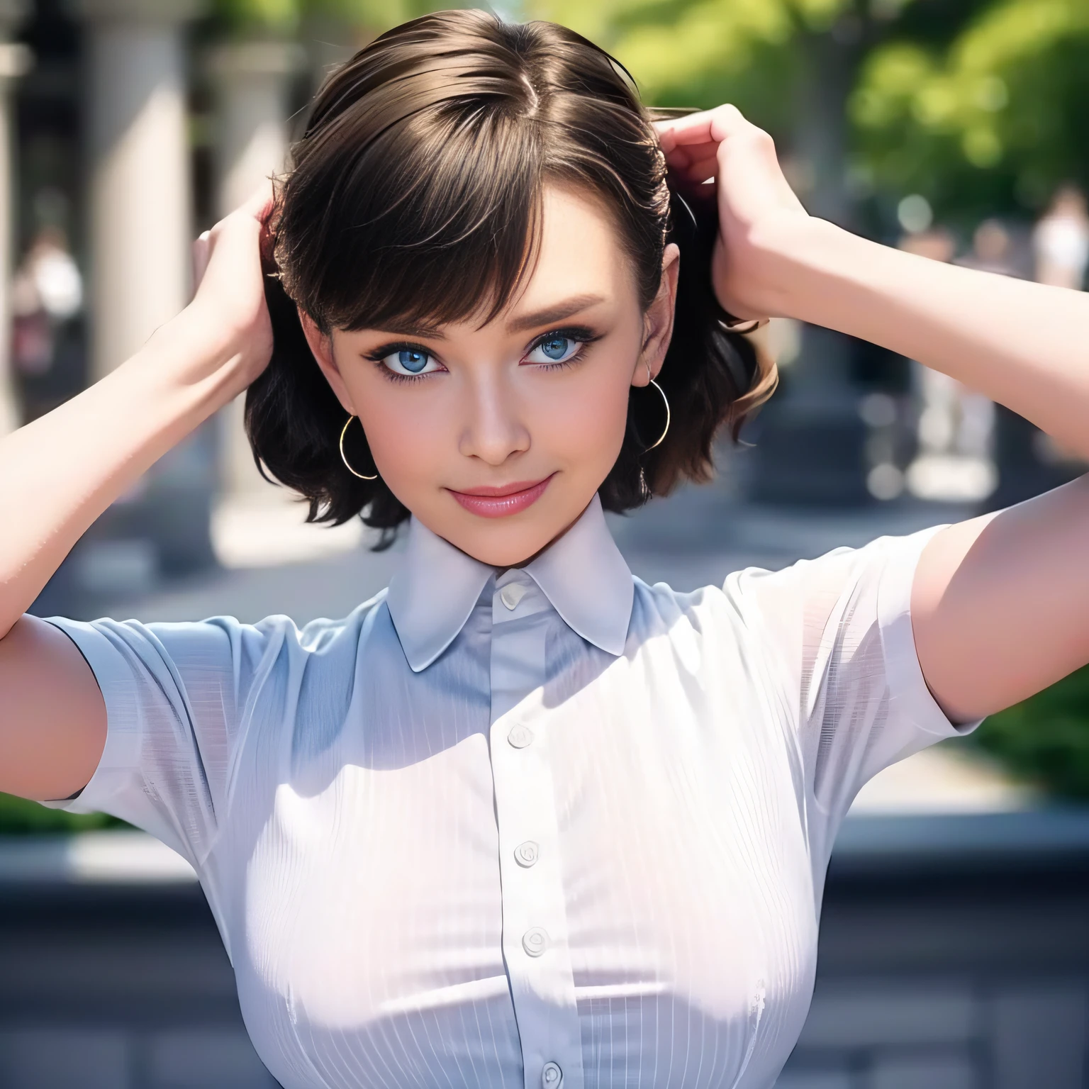 A young girl，Golden hair，beautiful detailed blue eyes，（8K，best qualtiy，tmasterpiece：1.2），（realisticlying，realisticlying：1.37），ultra - detailed，best qualtiy，超高分辨率,(Keep your mouth shut)，big breasts enchanting，white  shirt，denim pant，middle  breasts，little breast，simplebackground