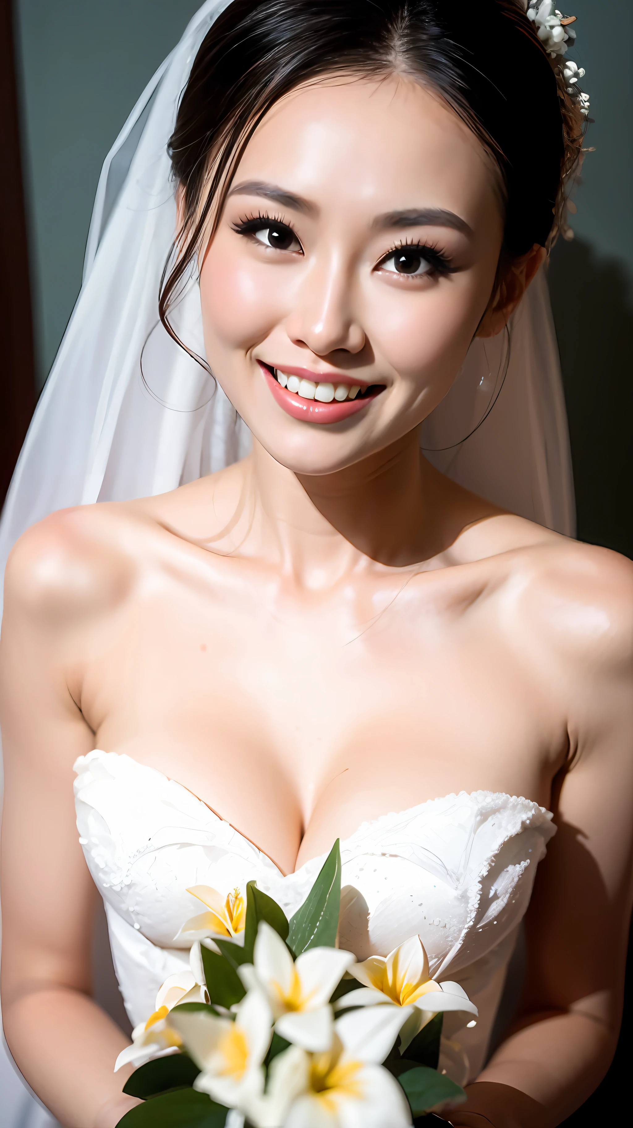 Fashion model 25 years old [[[[closeup cleavage]]]], [[[[boobgasm]]]], [[[[coll]]]], [[[[bshoulders]]]], perfect  eyes, Perfect iris，Perfect lips，perfect teeth，Perfect skin，Long face，Soft front light，hdr，Movie girl,white wedding gown，exterior，White or pink flowers on the background，（pastel colour：1.2）