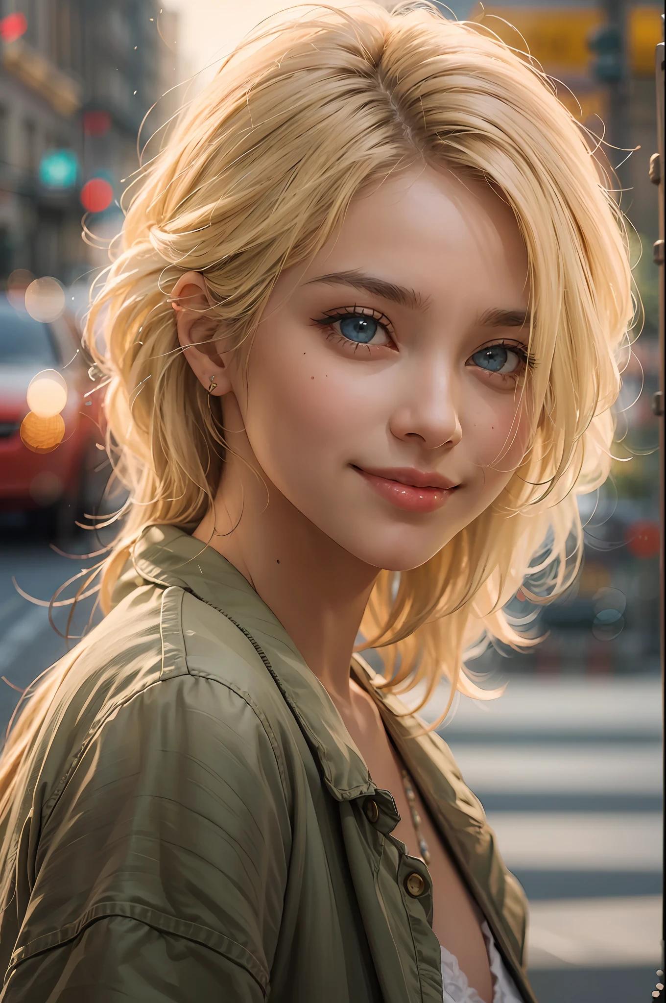 masterpiece, (RAW photo: 1.2), top quality, beautiful, woman on a crosswalk, smile, blonde, casual outfit, highly detailed eyes and face, beautiful detailed eyes, huge file size, high resolution, 8k wallpaper, fine detail 8k wallpaper, (photorealism: 1.4),
