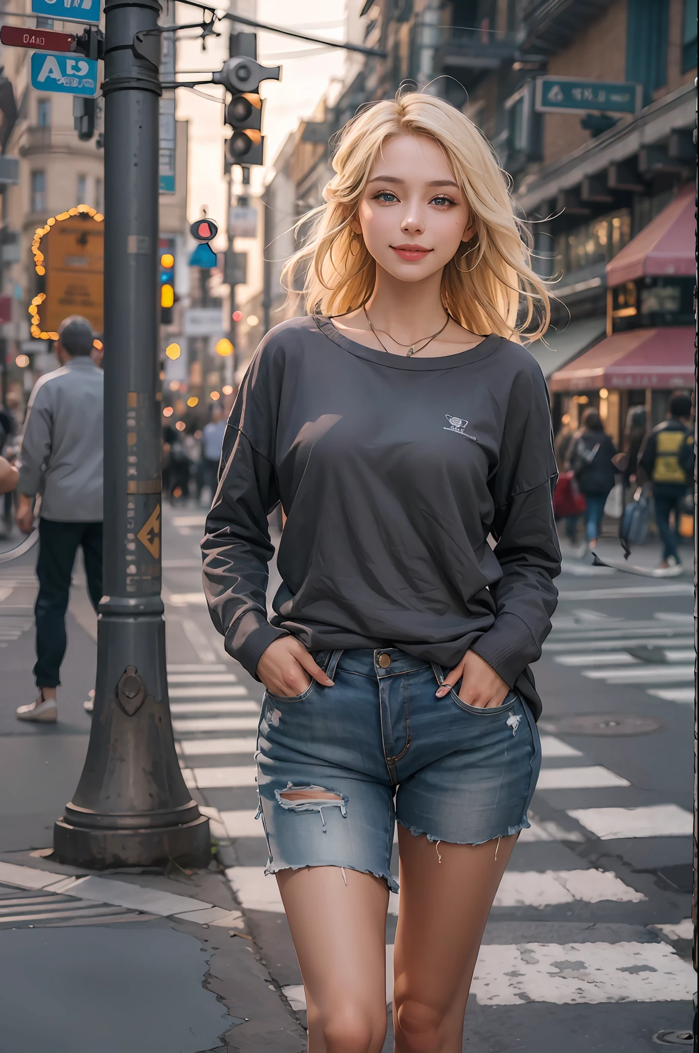 masterpiece, (RAW photo: 1.2), top quality, beautiful, woman on a crosswalk, smile, blonde, casual outfit, highly detailed eyes and face, beautiful detailed eyes, huge file size, high resolution, 8k wallpaper, fine detail 8k wallpaper, (photorealism: 1.4),