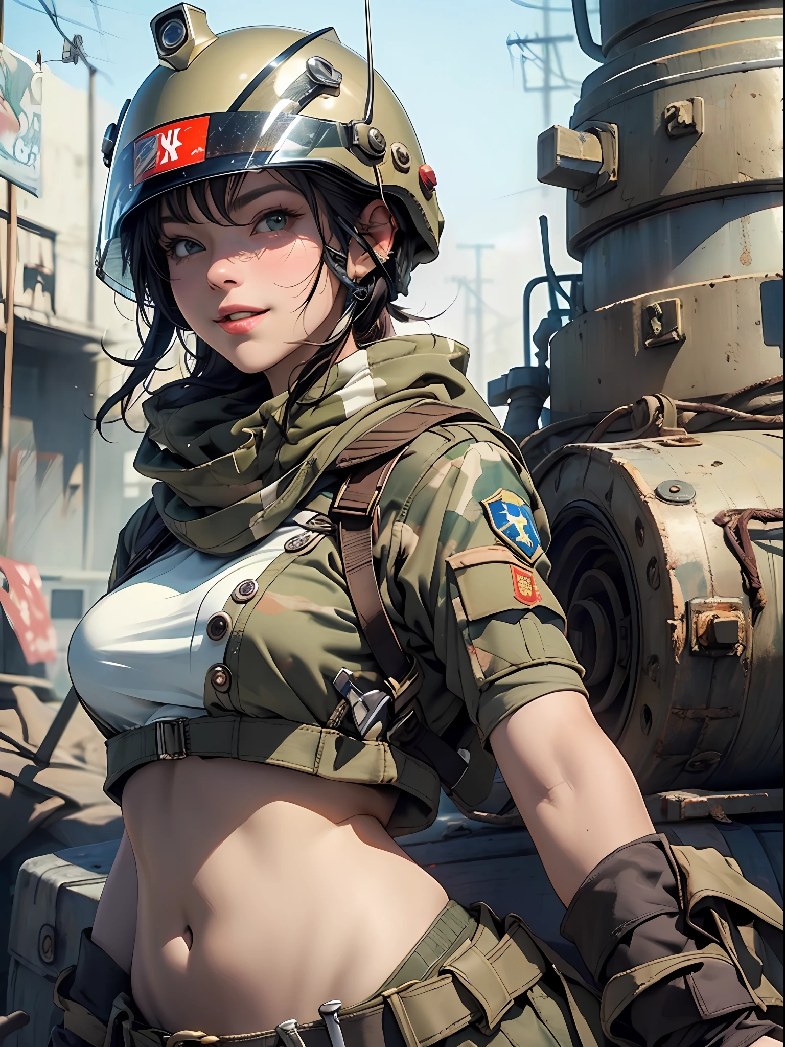 ((( corpo inteiro ))), ((( Military helmet on head ))), roupa cheia de buttons, master part, best quality, super detalhe, 8k, mulher linda, Tank Girl com cara de maluca, sorriso malicioso , cabelo moicano colorido, garota punk, post-apocalyptic world, (( ****** do tanque )), Nijistyle, roupas rasgadas e sujas, moicano curto, sides of shaved head, rosto limpo