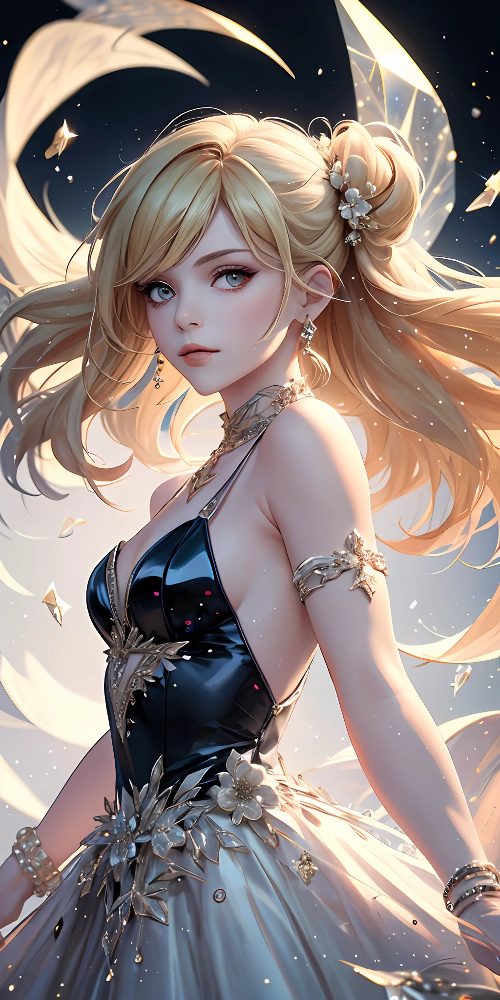 (best quality, masterpiece), 1girl, galaxy, glitter, dress, particle, wind, flower, upper body, dark simple background, looking at viewer, blonde,