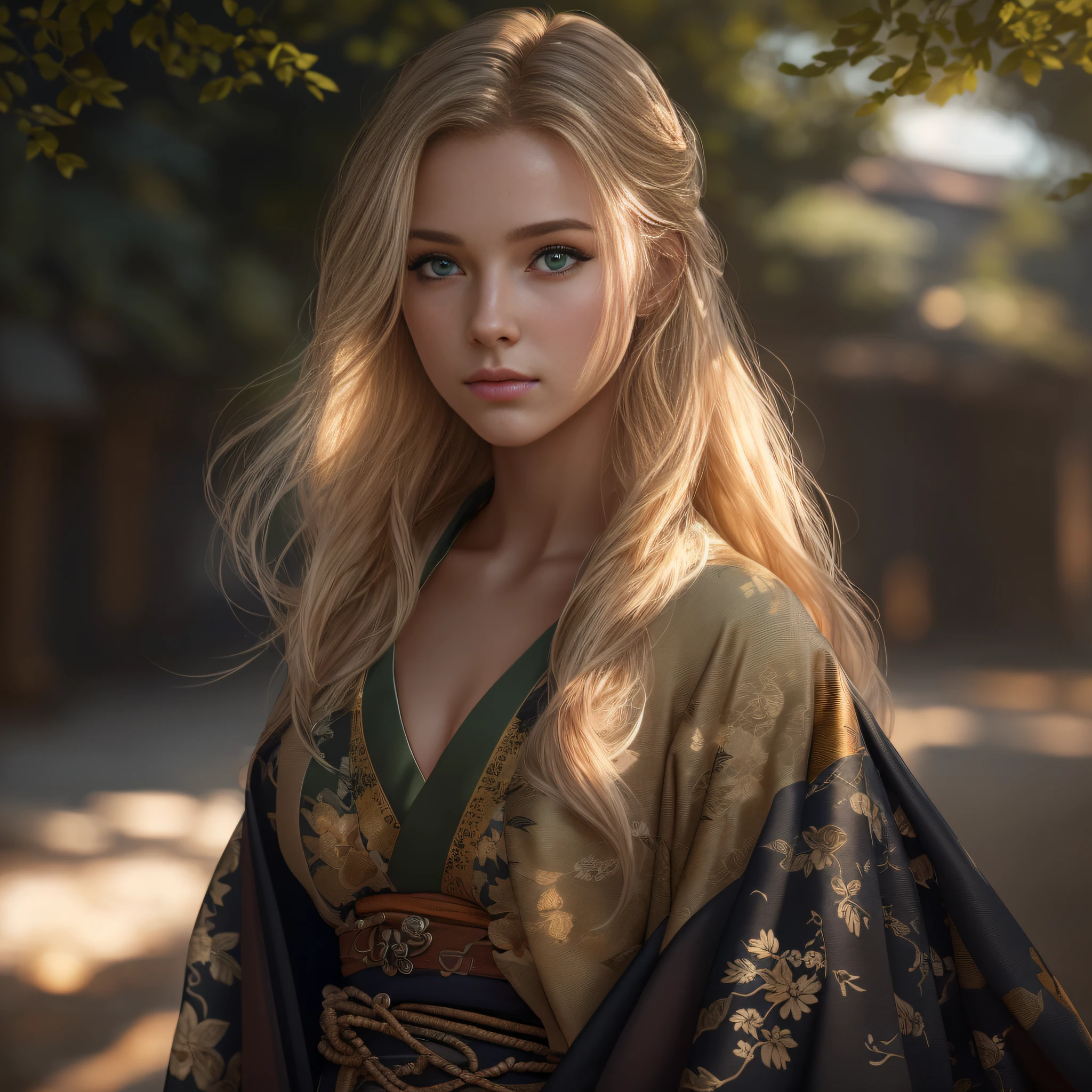 ((Best Quality, 8K, Masterpiece: 1.3)) 1 girl, realistic photo, masterpiece, thin body, beautiful body, beautiful face, blonde, green eyes, detailed skin, 4k, realistic, kimono, black and gold, full body, medieval, outdoor, ultra realistic environment, rich in details, soft light, volumetric lighting