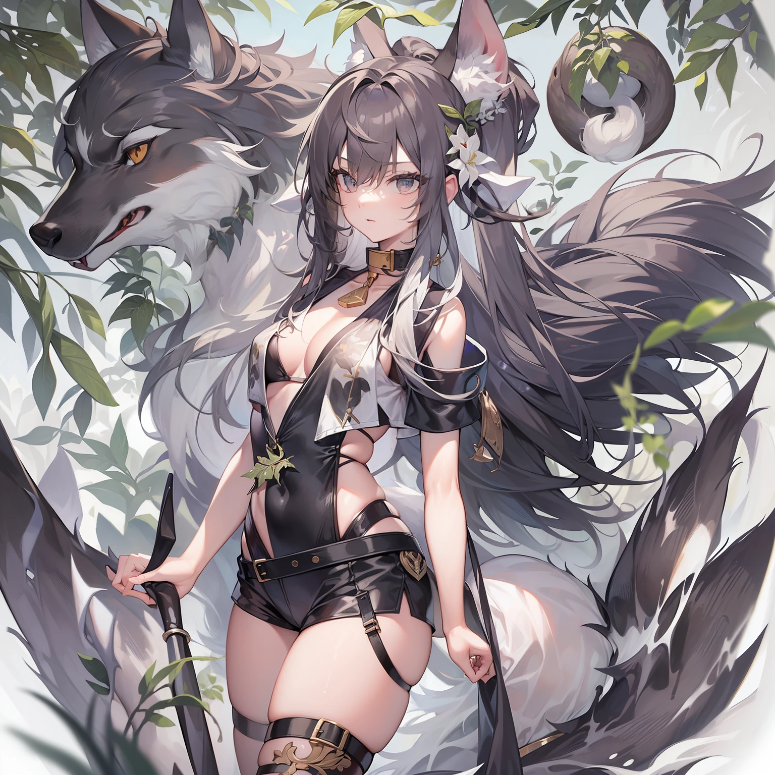 ((Masterpiece)), (Best Quality), Solo, miosha1, hair ornament, ponytail, wolf tail, swimsuit, white shorts, thigh strap, black jacket, leaf print, collar, string bikini, (NSFW:1.2)