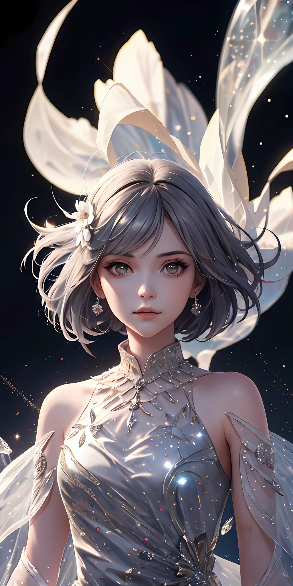 (Best quality, masterpiece), 1girl, galaxy, glitter, dress, particles, wind, flower, upper body, dark simple background, looking at the audience, silverhaired,
