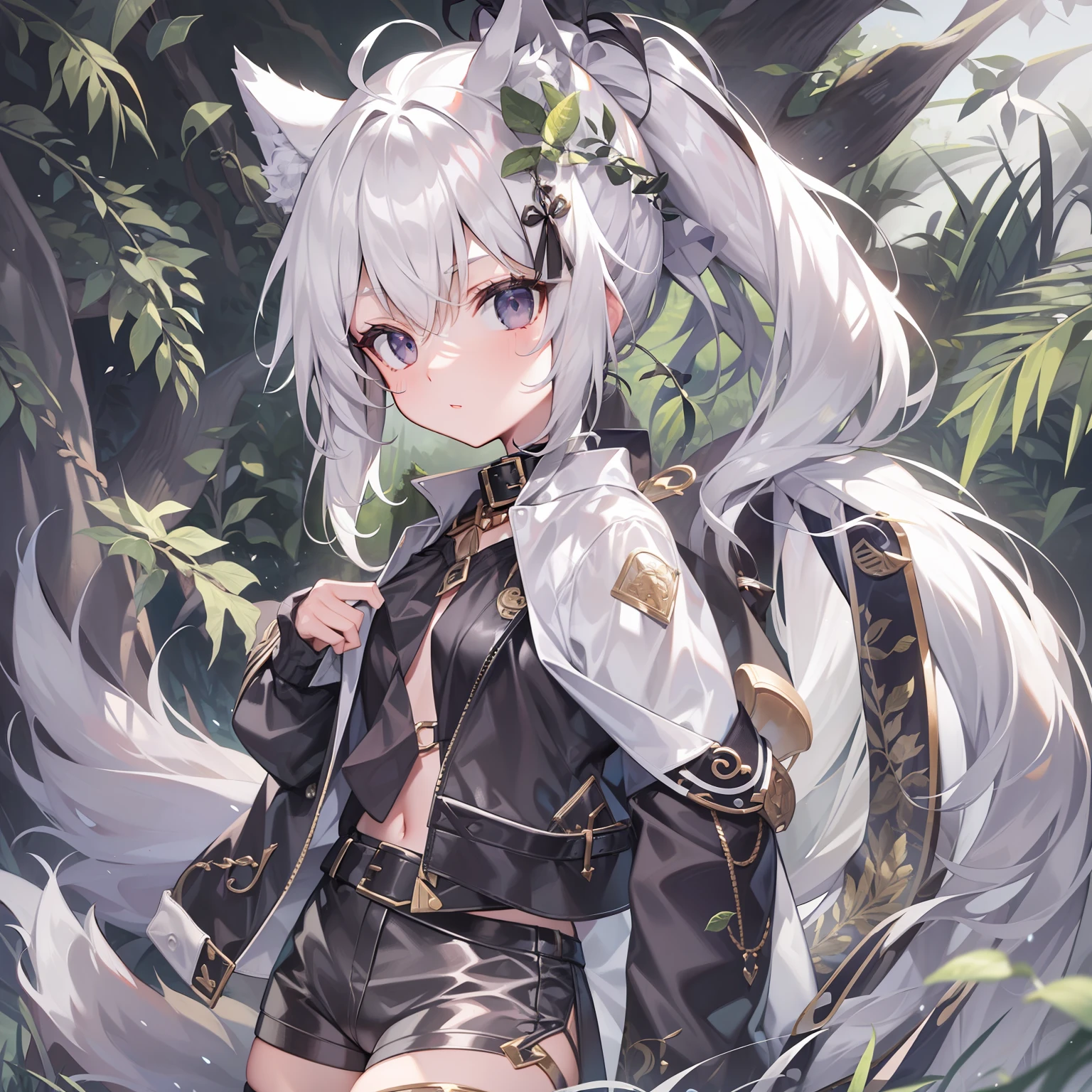 ((Masterpiece)), (Best Quality), Solo, miosha1, hair ornament, ponytail, wolf tail, swimsuit, white shorts, thigh strap, black jacket, leaf print, collar, string bikini, (NSFW:1.2)