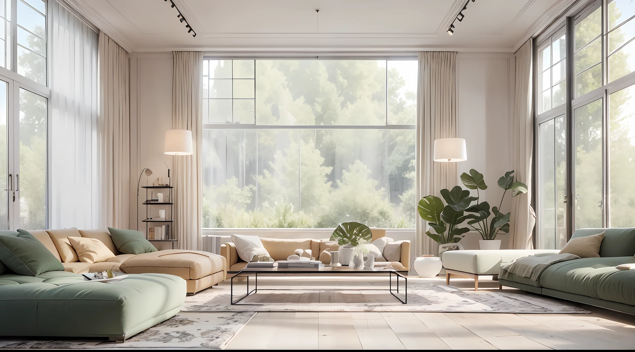 Large minimalist living room，Works of masters，Rare flowers and plants（1:0.02），sun's rays，No main light design，an award winning masterpiece，Incredible details Large windows，highly  detailed，Harper's Bazaar art，fashion magazine，fluency，Clear focus，8K，rendering by octane