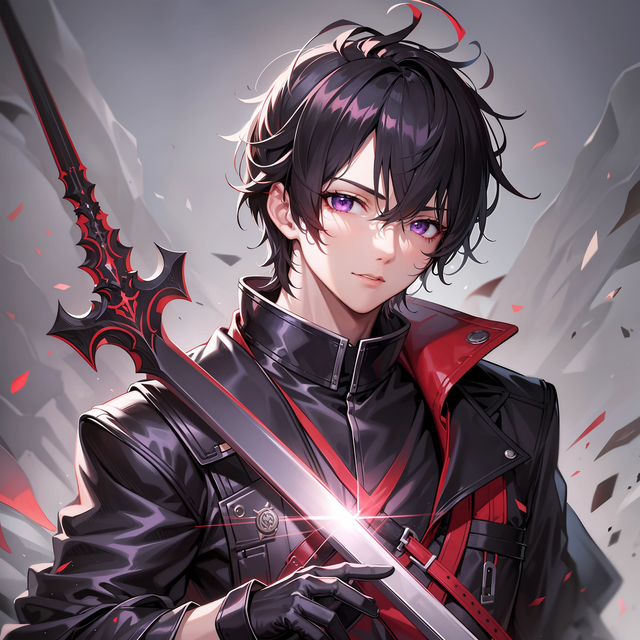 Best quality, masterpiece, digital art, artstation, 4k, HDR, volumetric lighting, RXY ADULT MALE MAN, short dark burgundy hair with bangs covering the left eye, white skin color, with a more serious and more mature face, both eyes are obsidian purple, has a claw scar on the left eye, black cat ears on the head, with a large iron sword held on the back in red color and in the middle of the sword has a black sash, is wearing mostly black clothes with an Aristocrat t V underneath, gloves covering all hands