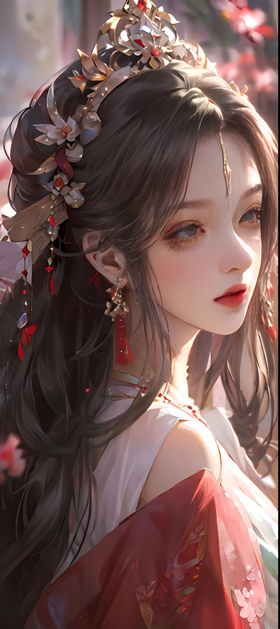 Long-haired girl in red dress and red headdress, palace, A girl in Hanfu, High quality detailed art in 8K, Chinese style, Delicate headgear，Affectionate eyes，Perfect facial features