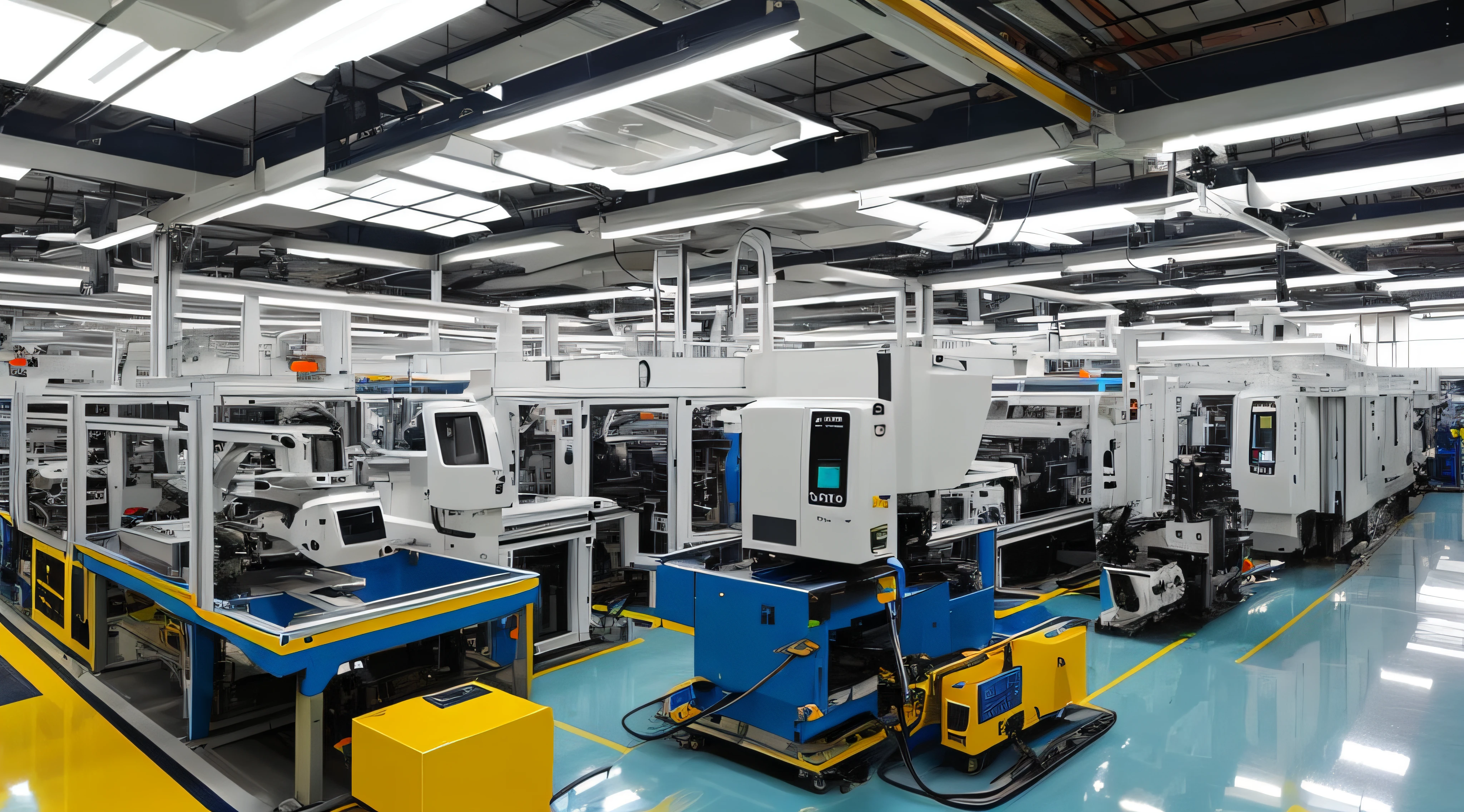 An automated production workshop，There are robotic arms running，There are AGV trolleys，There is a high degree of automation，The scene is larger --auto