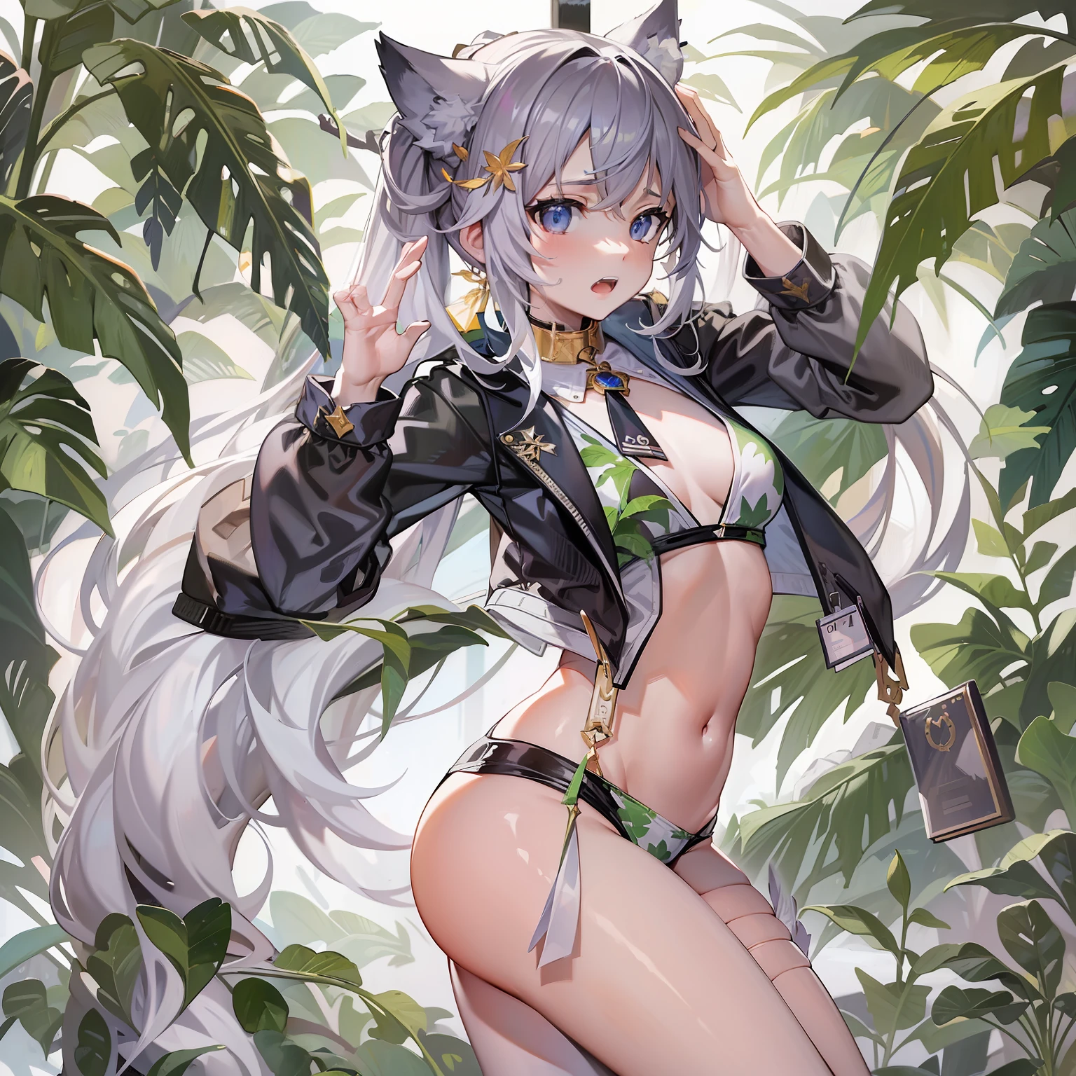 ((Masterpiece)), (Best Quality), Solo, miosha1, hair ornament, ponytail, wolf tail, swimsuit, white shorts, thigh strap, black jacket, leaf print, collar, string bikini, (NSFW:1.2)