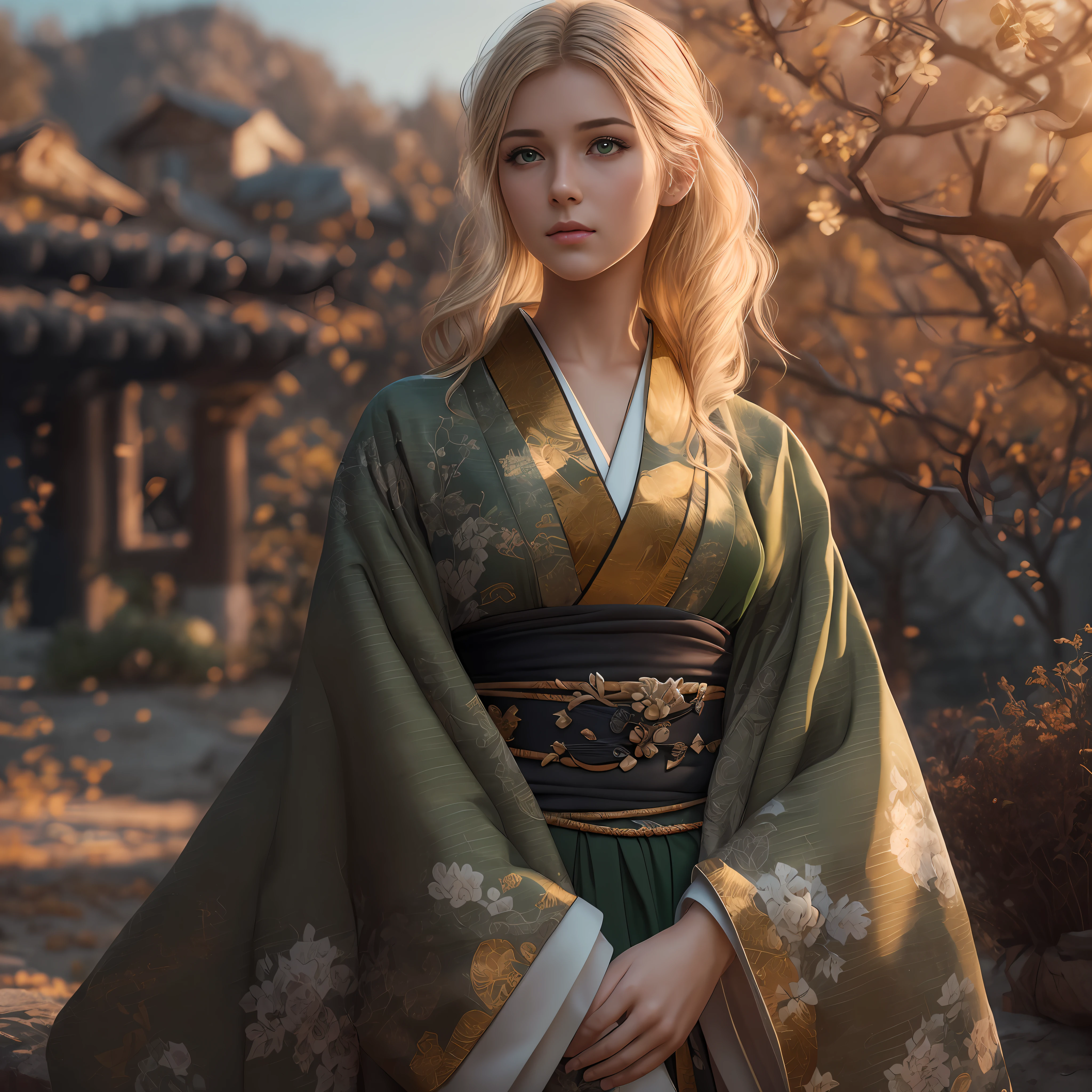 ((Best Quality, 8K, Masterpiece: 1.3)) 1 girl, realistic photo, masterpiece, thin body, beautiful body, beautiful face, blonde, green eyes, detailed skin, 4k, realistic, kimono, black and gold, full body, medieval, outdoor, ultra realistic environment, rich in details, soft light, volumetric lighting