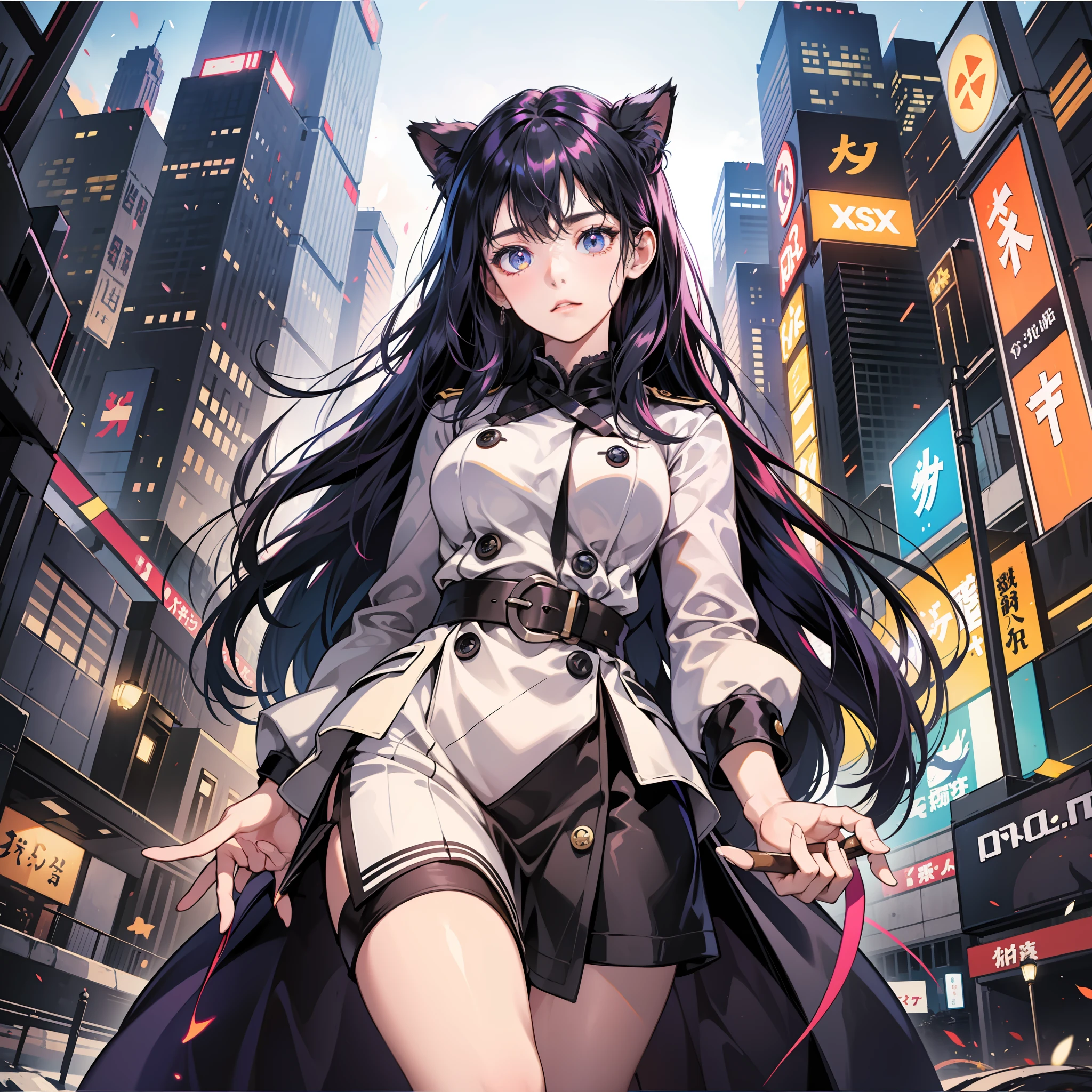 Top image quality、ultra-detailliert、8K、ultra-detailliert、Top image quality、1 girl in、Japan Beauty、adult-like、Beautiful fece、Hanging eyes、Cats、Big eyes、20yr old、Hair with a black front、Indigo hair on the back、Slim Faces、a cold expression、full bodyesbian、big breasts、Lustrous hair、Black uniform、Orange ribbon、Yellow button、Big sickle、Long skirt、Black skirt、a belt、Long-sleeved uniform、Neon City、Tall buildings、Dark place、Electronic panel、Near the future、City of the Future、Bottom Angle、Turning away、Face in front
