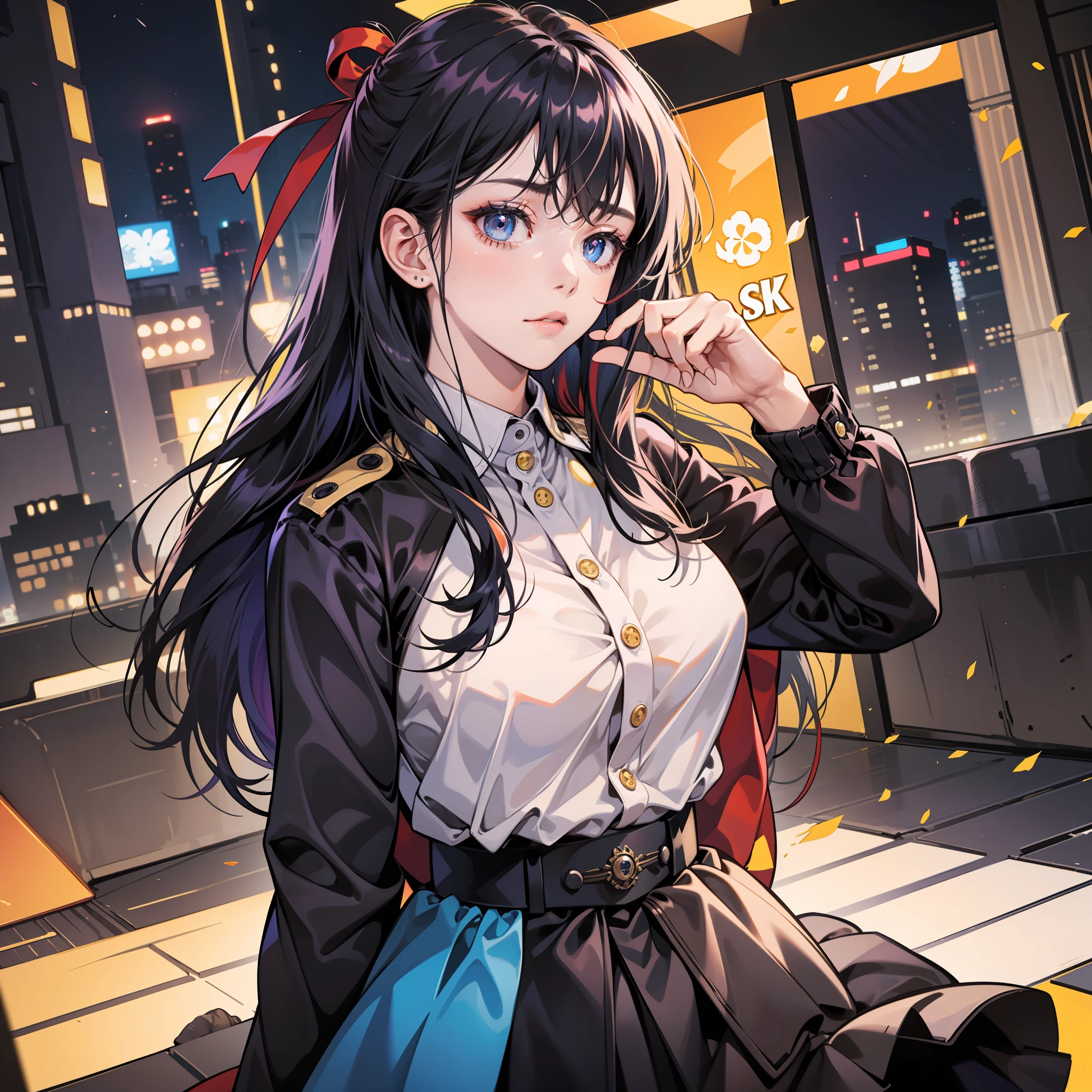Top image quality、ultra-detailliert、8K、ultra-detailliert、Top image quality、1 girl in、Japan Beauty、adult-like、Beautiful fece、Hanging eyes、Cats、Big eyes、20yr old、Hair with a black front、Indigo hair on the back、Slim Faces、a cold expression、full bodyesbian、big breasts、Lustrous hair、Black uniform、Orange ribbon、Yellow button、Big sickle、Long skirt、Black skirt、a belt、Long-sleeved uniform、Neon City、Tall buildings、Dark place、Electronic panel、Near the future、City of the Future、Bottom Angle、Turning away、Face in front