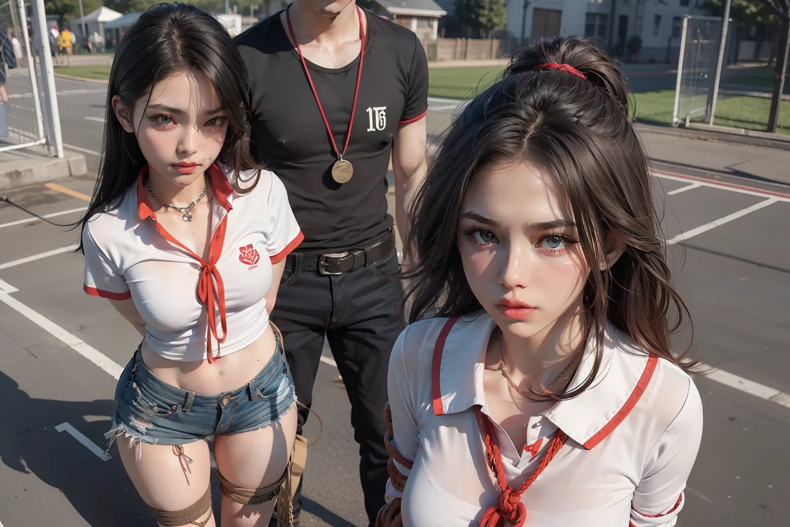 The highest quality shooting 、High School Playground 、sports ground 、 track and field 、big crowd 、white uniform Buruma、Two Women 、Multiple men 、Udder is small、Collar with a leash 、Cowboy Shot 、(((Bound arms))), (((arms behind back)))
、Looking away ,the body is tied with a rope、 ,from the thighs up、tiny chest、Portraits are prohibited 、Place one knee on the ground 、Bind the chest with a rope 、blushed face 、 Thin rope 、Middle aged fat man 、above knee、looks to the side 、Spread your legs apart 、The chest is tied with a rope 、Middle hair、Low angle full body lens photo 、Sad look、 Black hair, shining beautiful skin , Sweat, collar and chain accessories, beautiful black pupil and hair, Detailed expression , beautidful eyes