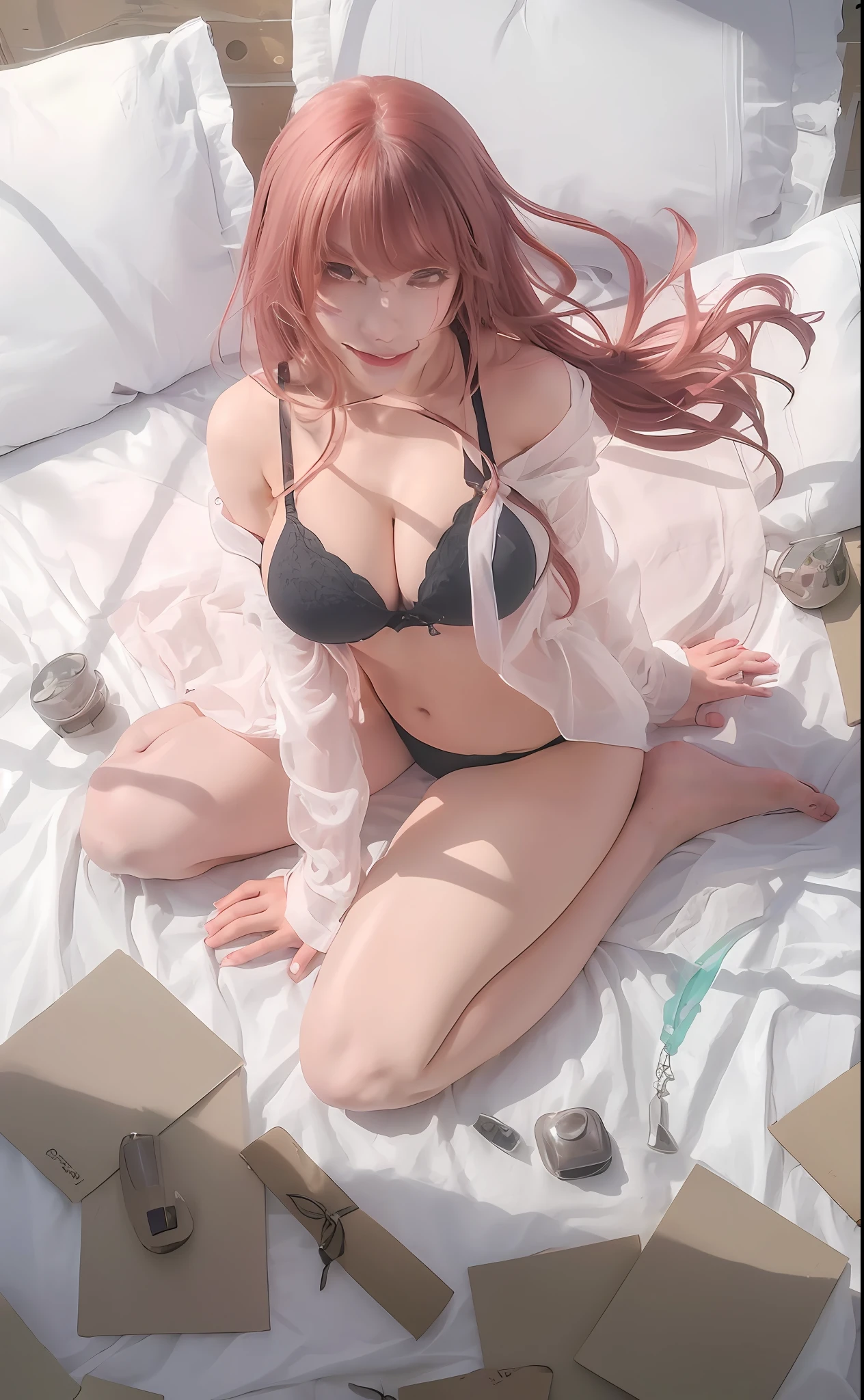 ((Best quality, 8k, Masterpiece :1.3)), 1girl, beautiful woman with emphasis on slim abs: 1.3, (casual hairstyle, big breasts: 1.2), casual wear: 1.2, interior, ultra-detailed face, delicate eyes, double eyelids, soft breasts, smile, exposed cleavage