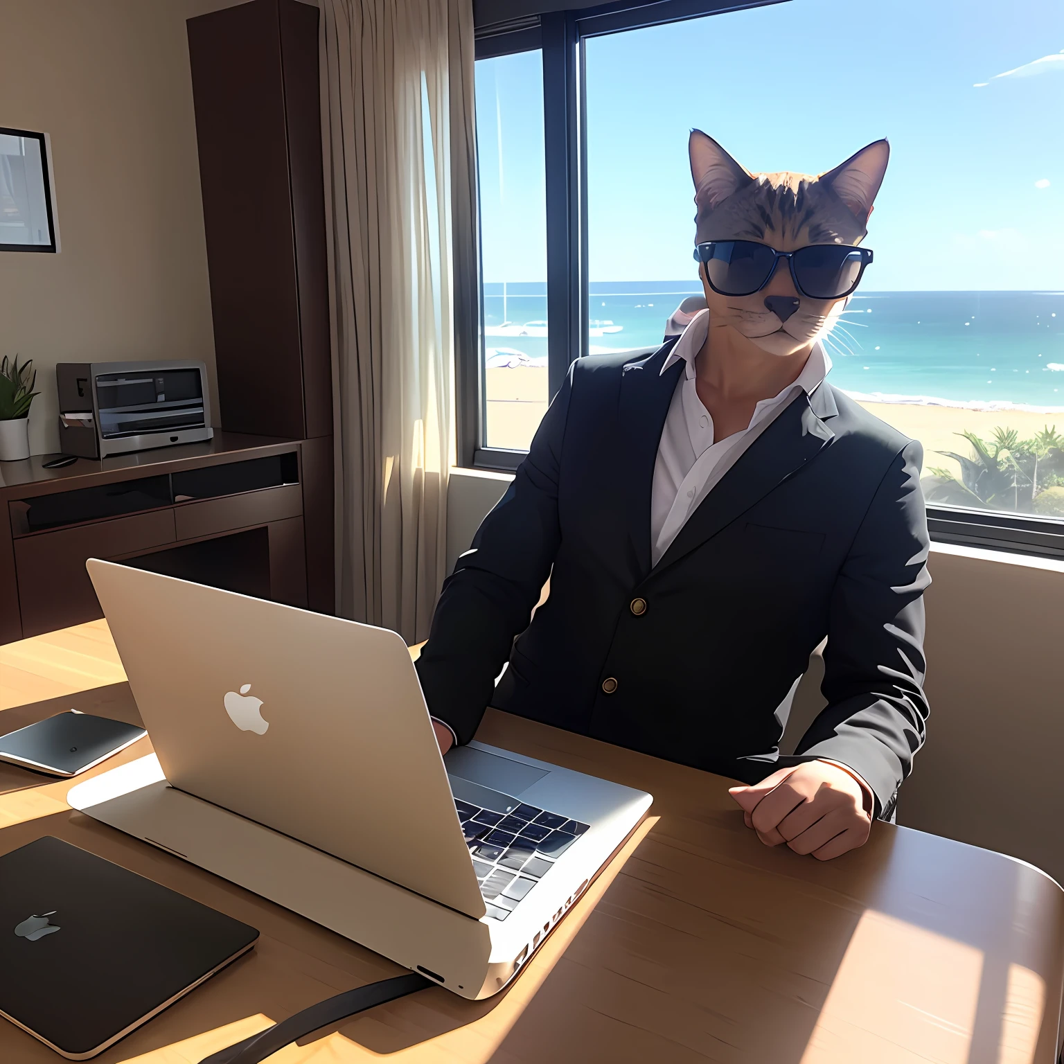 Cat wearing sunglasses using MacBook in a luxurious office overlooking the beach, 4k, cinematic lighting, unreal engine photorealistic --auto