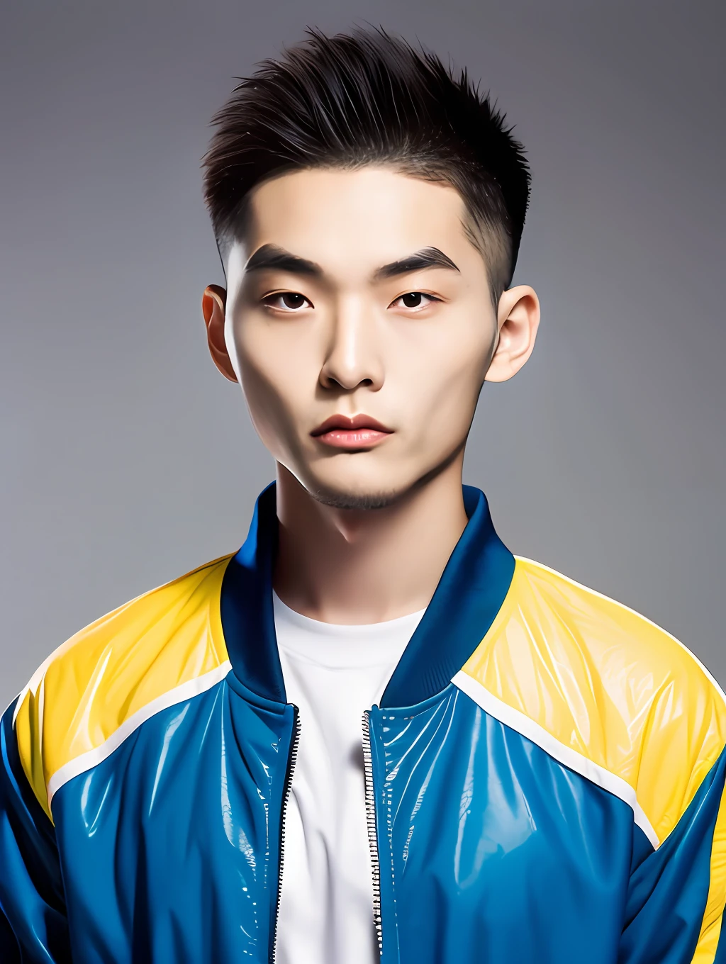 18-year-old Chinese male college student，Wear a colorful jacket，school badge，Pick and dye your hair，greybackground, The light is even，Studio light，surrealism, hyper HD, Textured skin, High details，Outstanding work