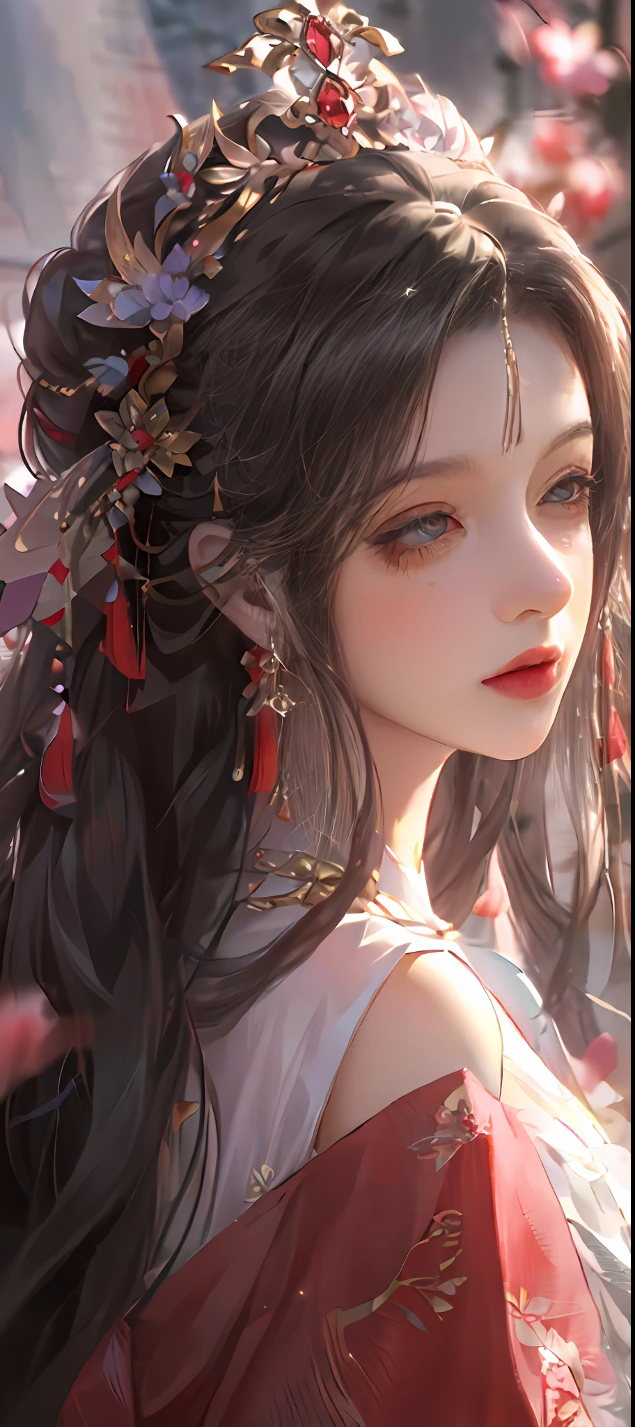 Long-haired girl in red dress and red headdress, palace, A girl in Hanfu, High quality detailed art in 8K, Chinese style, Delicate headgear,Affectionate eyes,Perfect facial features