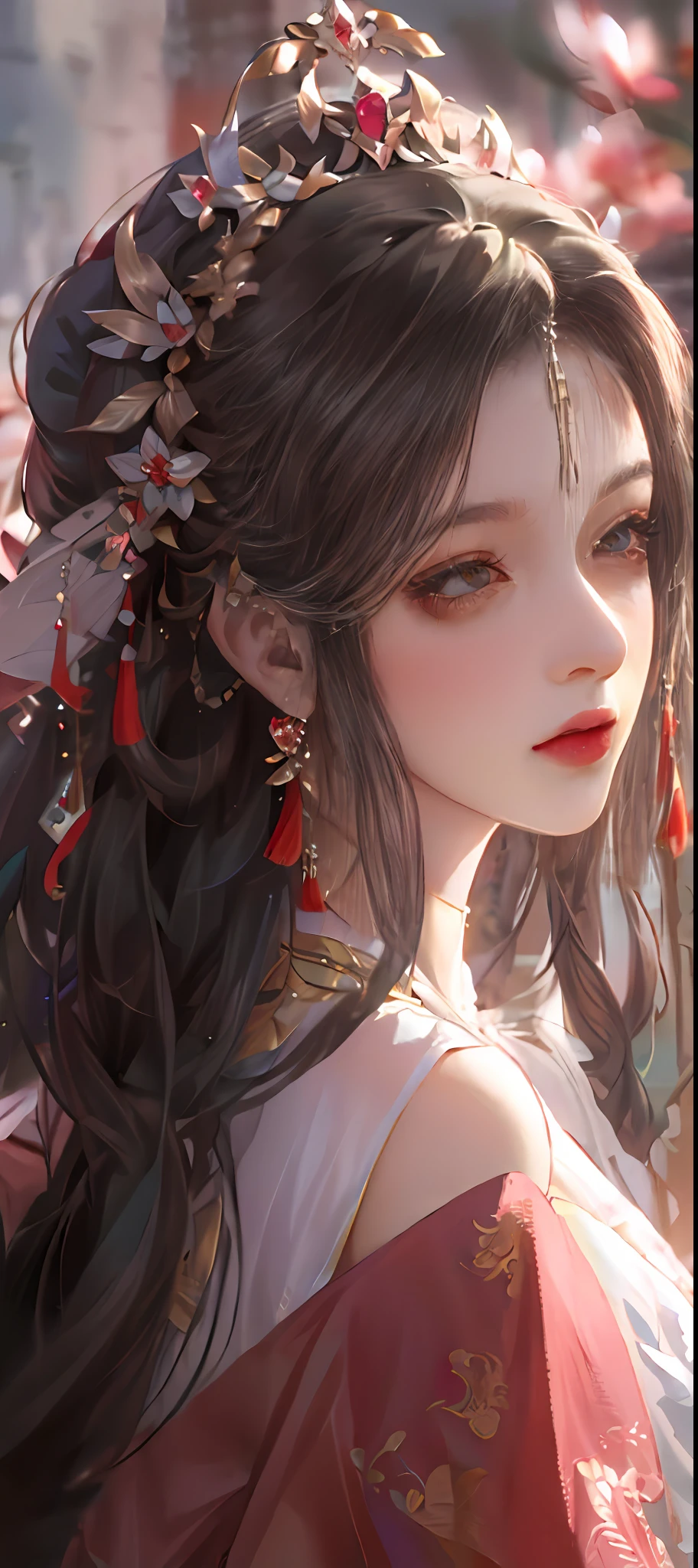 Long-haired girl in red dress and red headdress, palace, A girl in Hanfu, High quality detailed art in 8K, Chinese style, Delicate headgear,Affectionate eyes,Perfect facial features