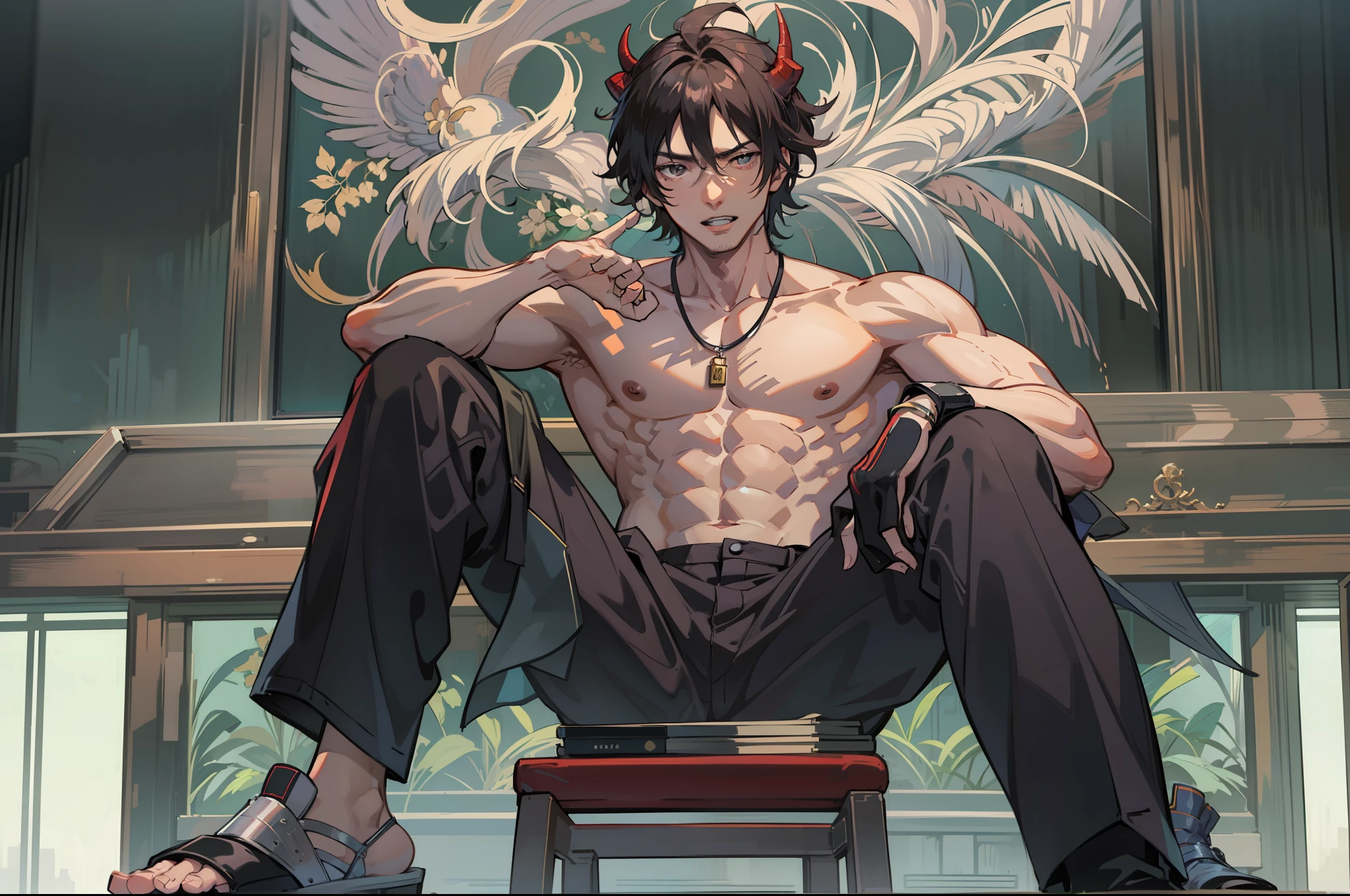 It's not a film and television work, buddy really brought in?Anime people without shirts sit on benches in the room, Handsome anime pose,big laughter, handsome guy in demon killer art, Anime handsome man, by Yang J, Badass anime 8 K, male anime character, of a guy,Range Murata and Artgerm, male art, yasuke 5 0 0 px models, most strongest pose, handsome japanese demon boy, trending on artstation pixiv