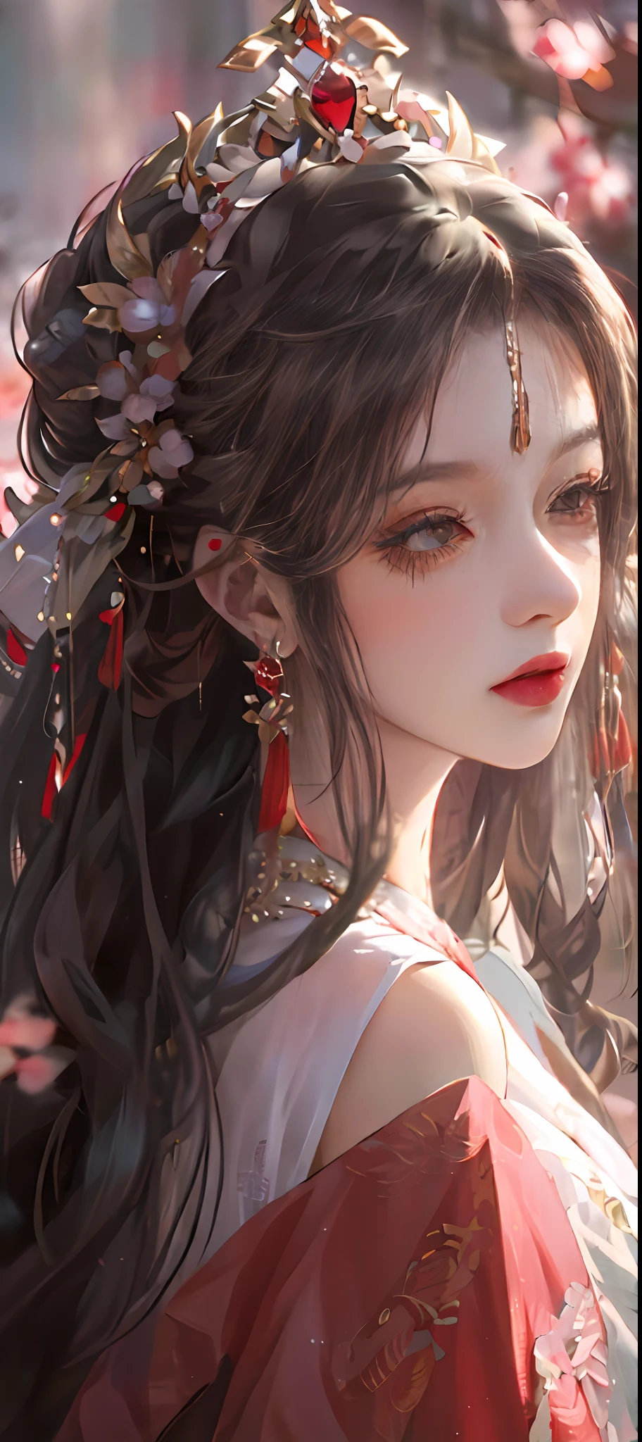 Long-haired girl in red dress and red headdress, palace, A girl in Hanfu, High quality detailed art in 8K, Chinese style, Delicate headgear，Affectionate eyes，Perfect facial features