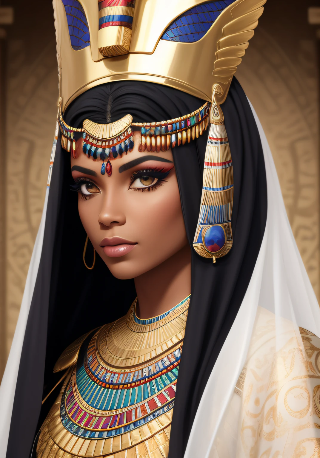 um homem, (Serapis Bey), 32 anos, norte americano, muito bonito, semblante sereno, pele clara, cabelos negros, olhos negros, usa um cavanhaque, He's at a costume party dressed as an Egyptian with an Egyptian makeup. He wears an Egyptian men's outfit, on his head a white Egyptian veil with golden details. In the center of the forehead an Egyptian symbol with a bright white stone. Standard human body, duas pernas, two arms, perfect hands, High Definition Face, face humana perfeita, digital illustation, oil-painting, alta qualidade, dynamic lighting, etherial lighting, Ultra Detalhe, elegante, obra-prima.