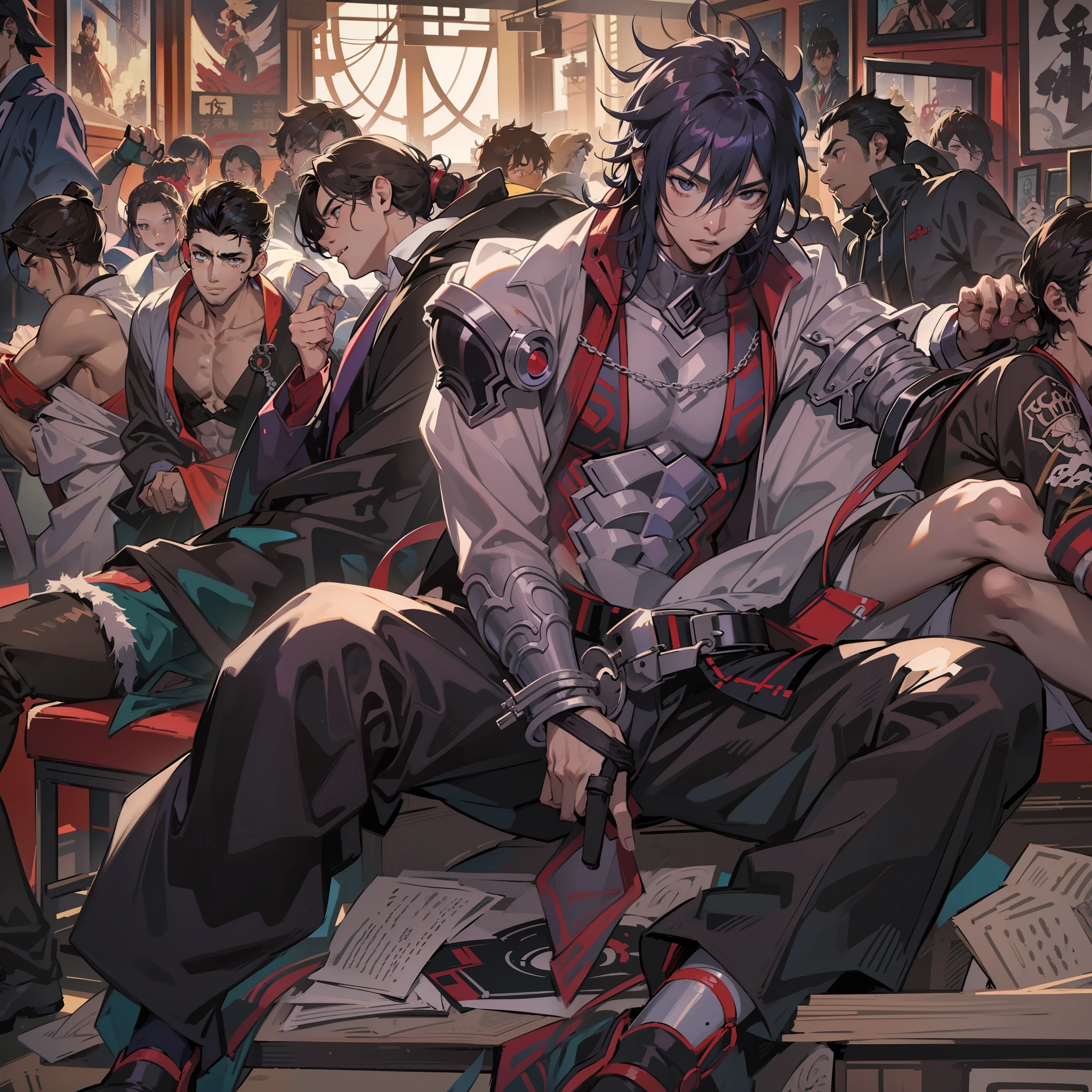 It's not a film and television work, buddy really brought in？Anime people without shirts sit on benches in the room, Handsome anime pose，big laughter, handsome guy in demon killer art, Anime handsome man, by Yang J, Badass anime 8 K, male anime character, of a guy，Range Murata and Artgerm, male art, yasuke 5 0 0 px models, most strongest pose, handsome japanese demon boy, trending on artstation pixiv