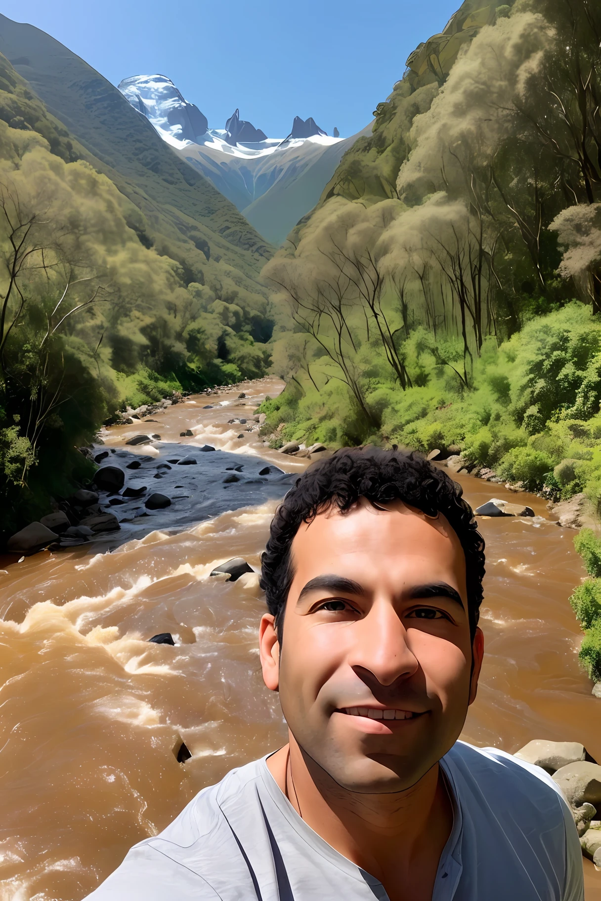 Arafed man standing in front of a valley with a river running through it, 8 k. view filling, selfie photography 8k, with radiant hill, with mountains in the background, david ferreira rivers, river in front of him, by Felipe Seade, hills in the background,...