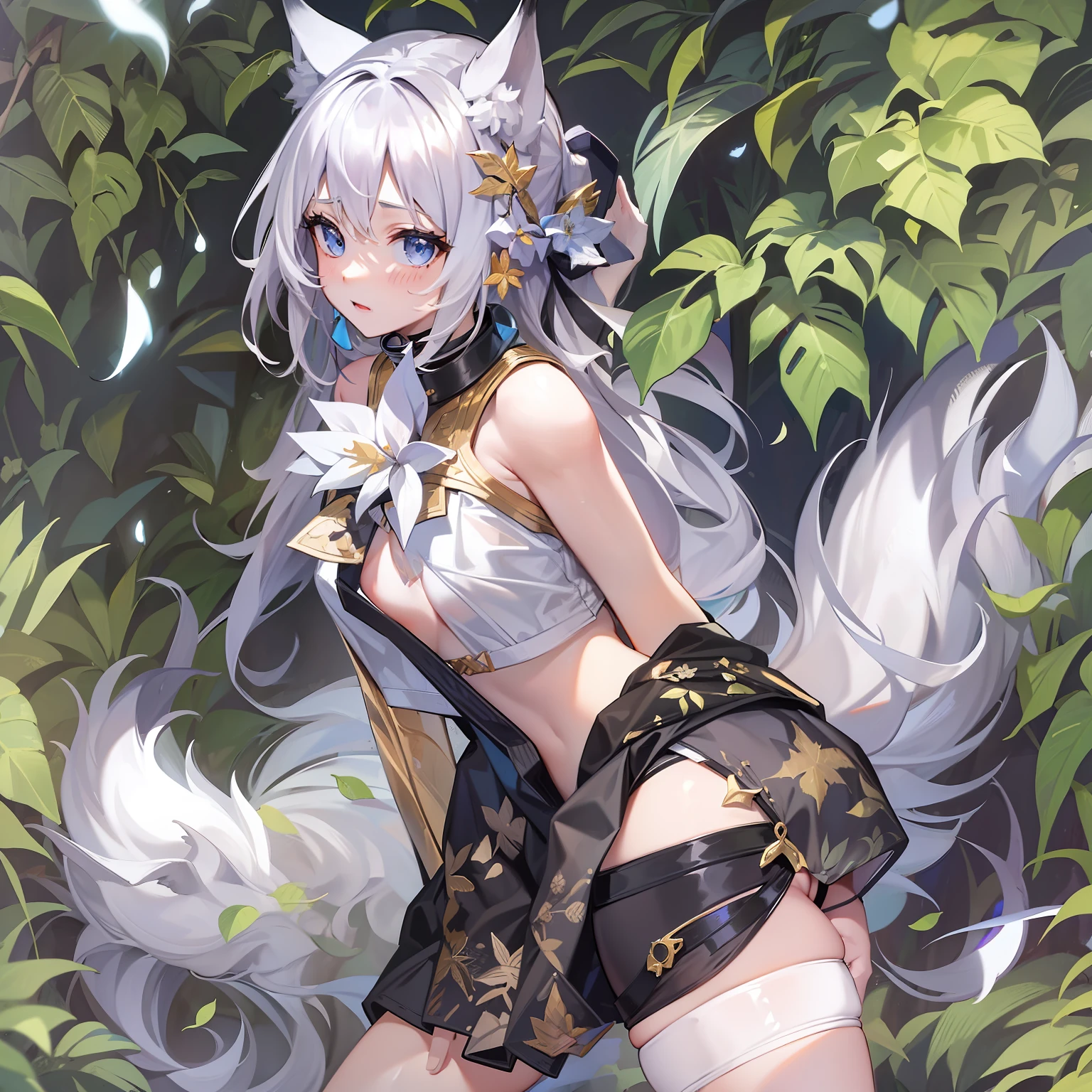 ((Masterpiece)), (Best Quality), Solo, miosha1, hair ornament, ponytail, wolf tail, swimsuit, white shorts, thigh strap, black jacket, leaf print, collar, string bikini, (NSFW:1.2)