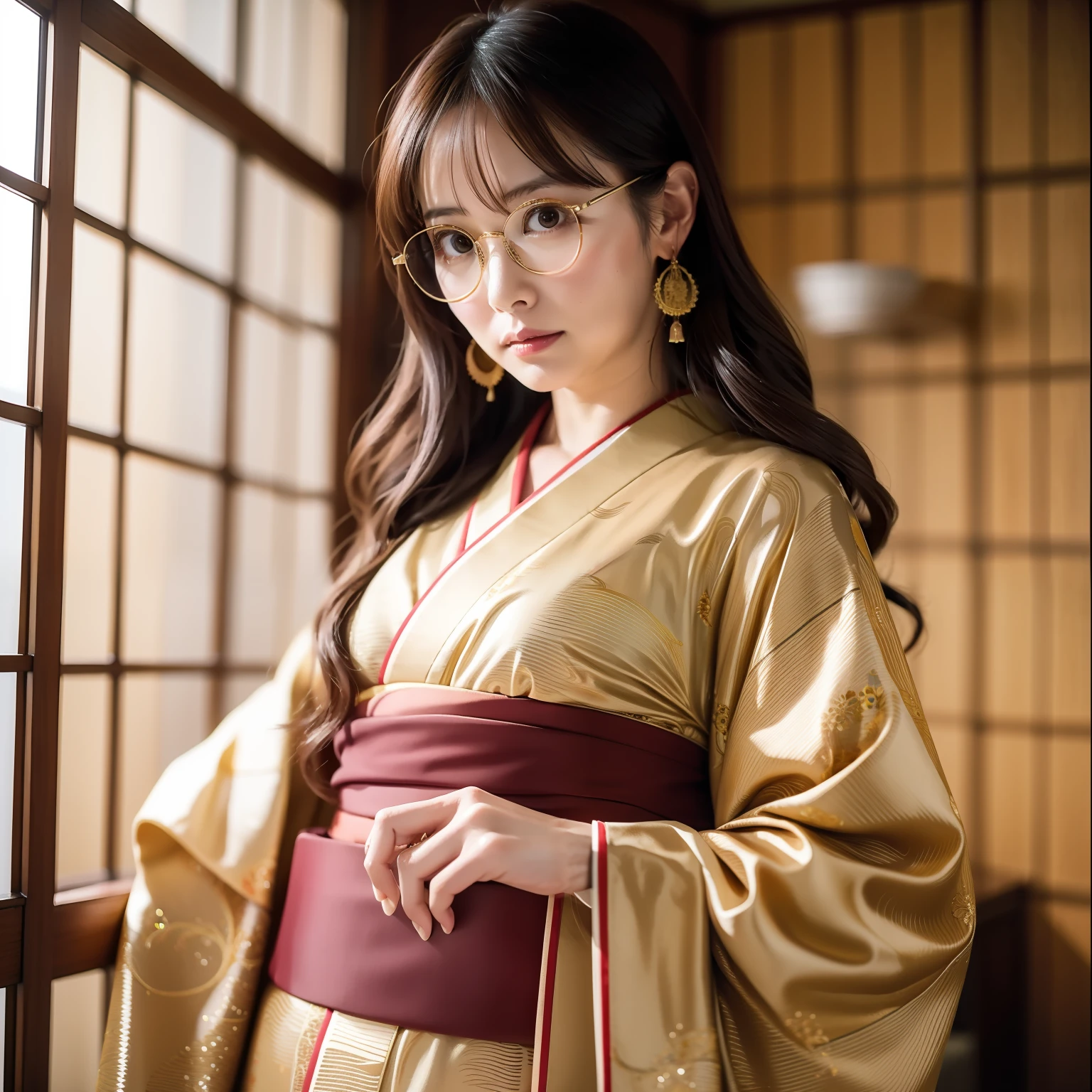 The woman stood in the room, With gold wire glasses, deayami kojima, Yoshitomo Nara, ayami kojima amano, wears glasses, takada akemi, Elegant Japanese woman in kimono