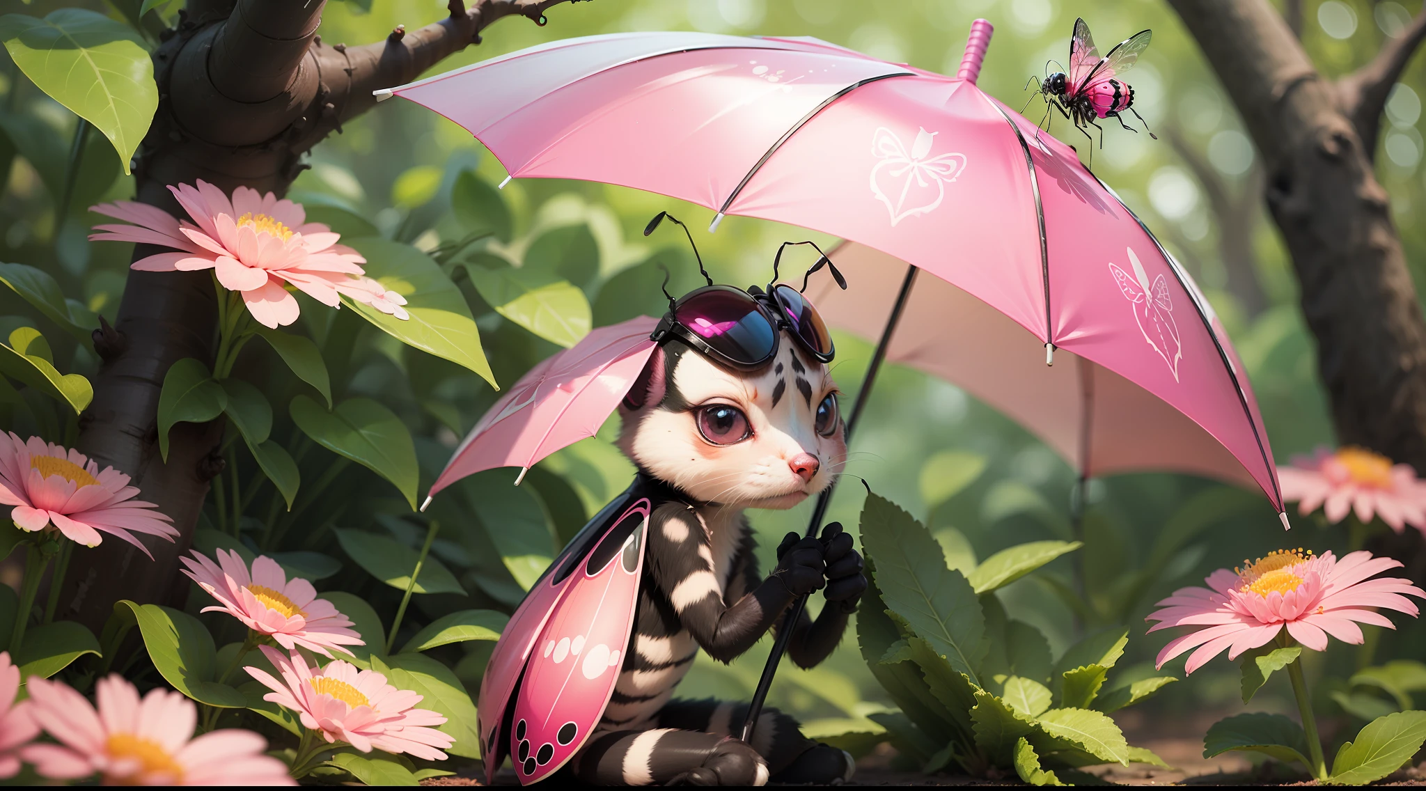 (A pink bug uses an umbrella。)
