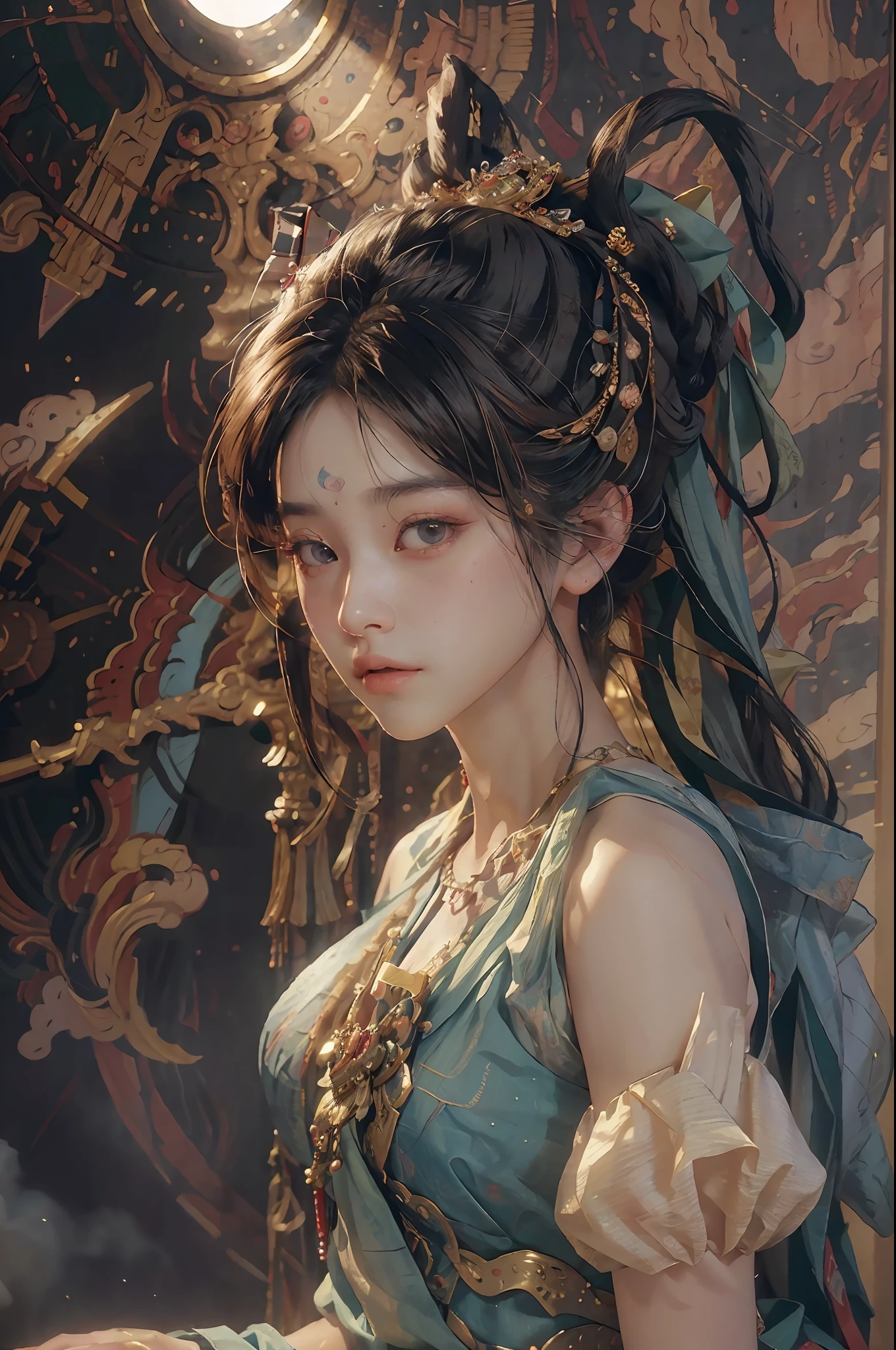 (RAW photo, best quality), (realistic, photo-realistic:1.3),best quality,highly detailed,masterpiece,ultra-detailed,illustration,1girl,upper_body,dynamic angle,world masterpiece theater,messy_long_hair,best quality,extremely detailed CG unity 8k wallpaper,ink,Amazing,cinematic lighting,lens_flare, dunhuang_style
