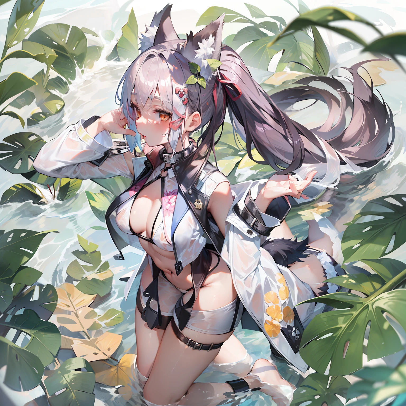 ((Masterpiece)), (Best Quality), Solo, miosha1, hair ornament, ponytail, wolf tail, swimsuit, white shorts, thigh strap, black jacket, leaf print, collar, string bikini, (NSFW:1.2)