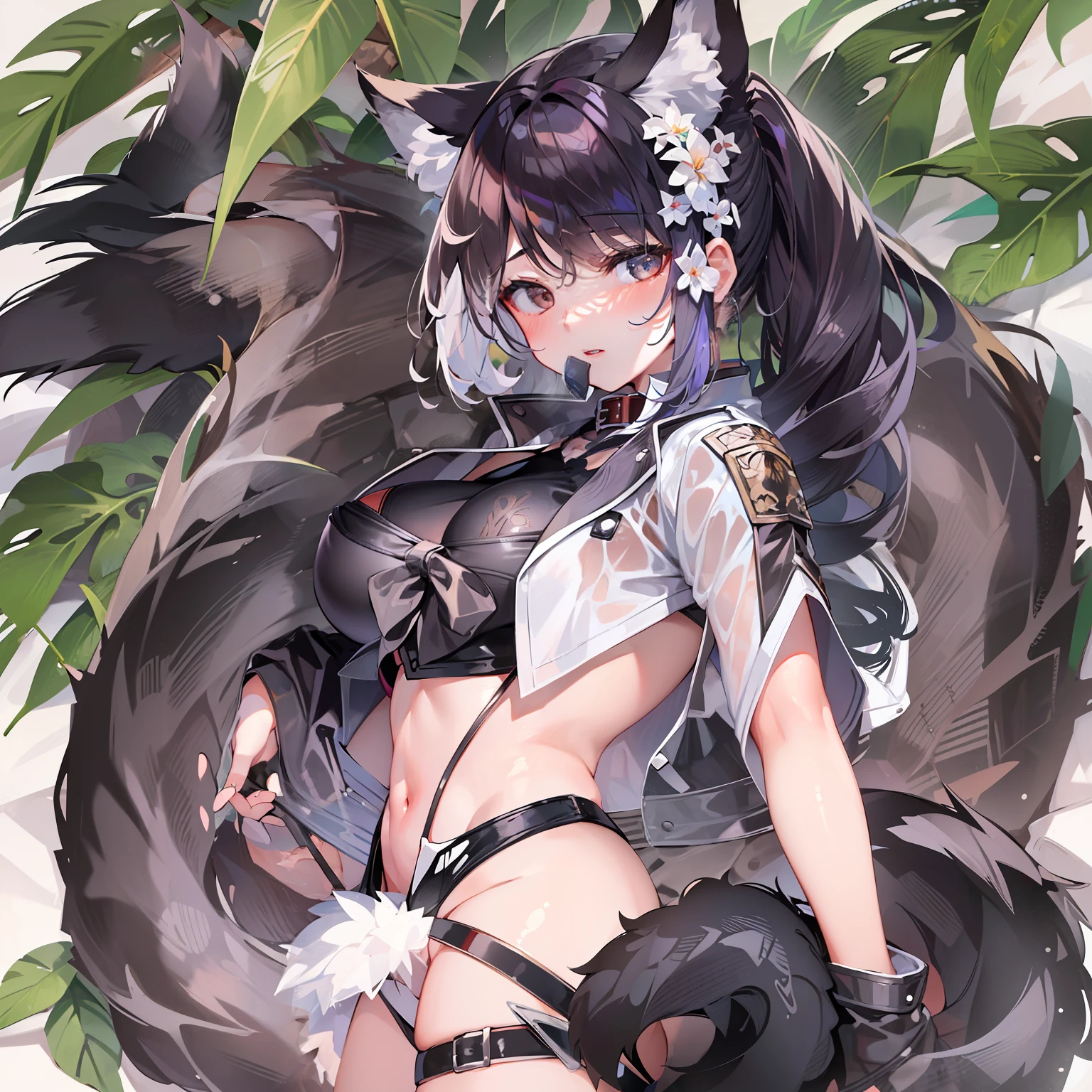 ((Masterpiece)), (Best Quality), Solo, miosha1, hair ornament, ponytail, wolf tail, swimsuit, white shorts, thigh strap, black jacket, leaf print, collar, string bikini, (NSFW:1.2)