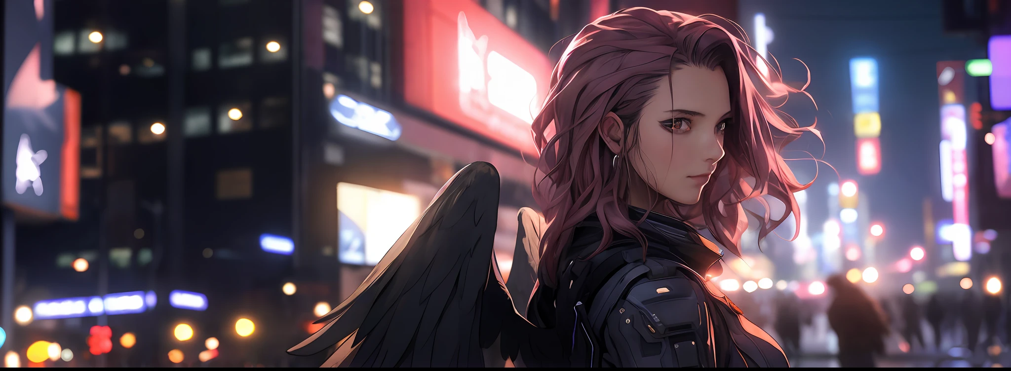 Anime girl with angel wings and halo in city night, Burgundy hair,angelic halo,Cyberpunk Uniforms,looks into camera,delicated face,Hydrated red eyes,detailedbackground,at centre,insane detailed,Ultra-high sharpness,concept-art,number art,with dynamism,(The most beautiful art in the world:1.2),(V0id3nergy:1.3)