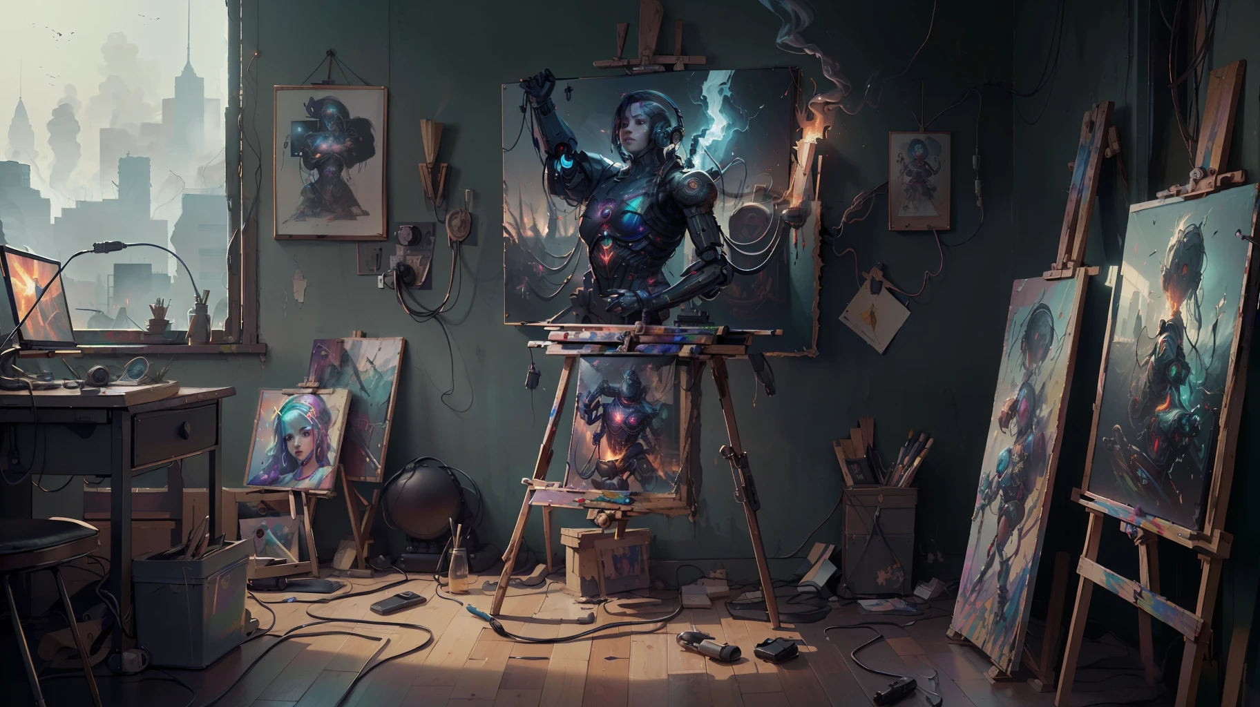 (masterpiece, best quality, highres, absurdres, detailed:1.2), humanoid, robot, wearing headphones, looking away, (cyberpunk, art canvas, paint brush, easel, iridescent, holographic: 1.6), (cables, wires, flames, fire, smoke, overheat, explosion, indoors, room, simple background)