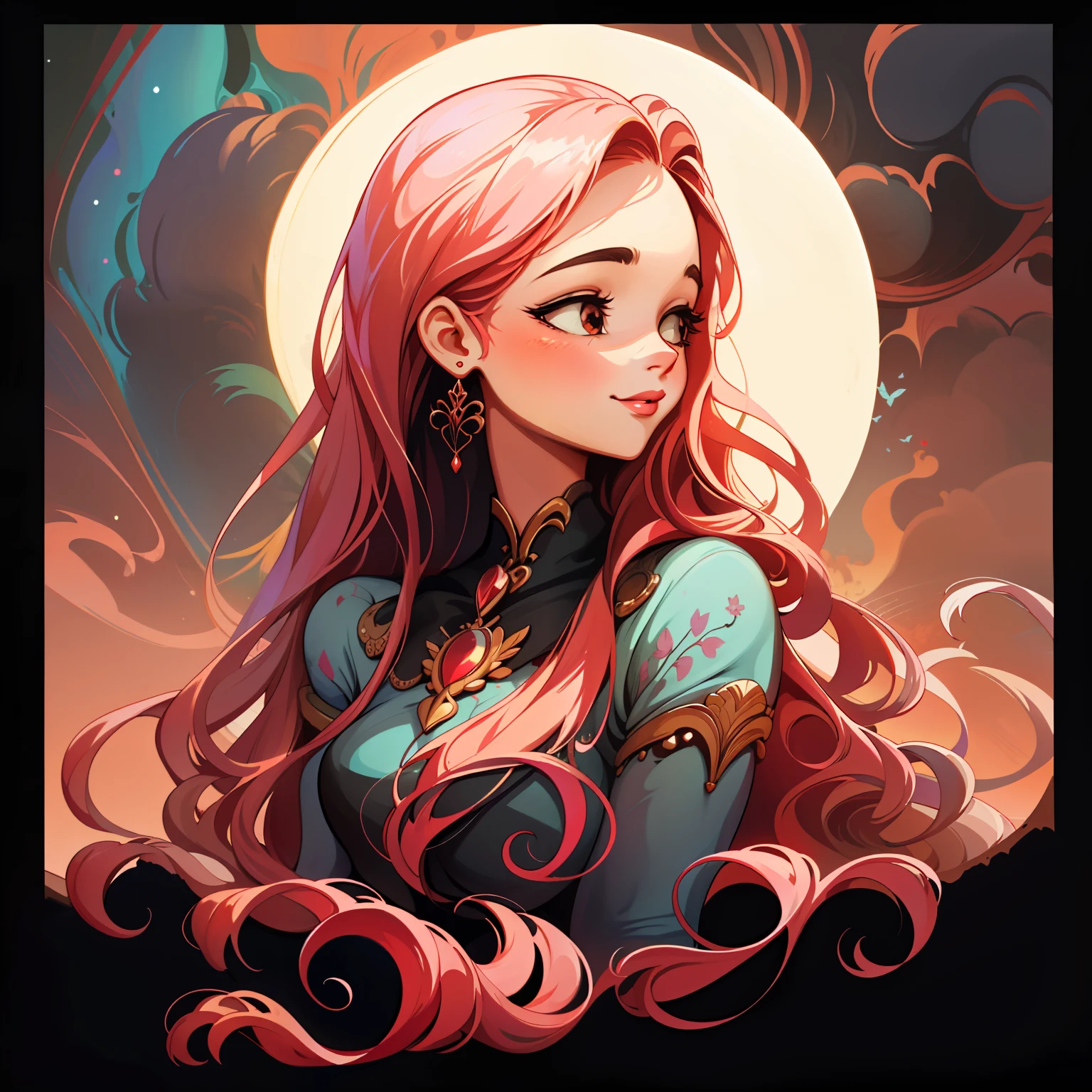 adesivo,1girl, fundo simples, retrato, girl with long hair, smilling girl, beautiful venus girl, venus aesthetic, beautiful girl, very beautiful fantasy art, beautiful and elegant female venus, beautiful detailed fantasy, red and pink color palate, red color-theme