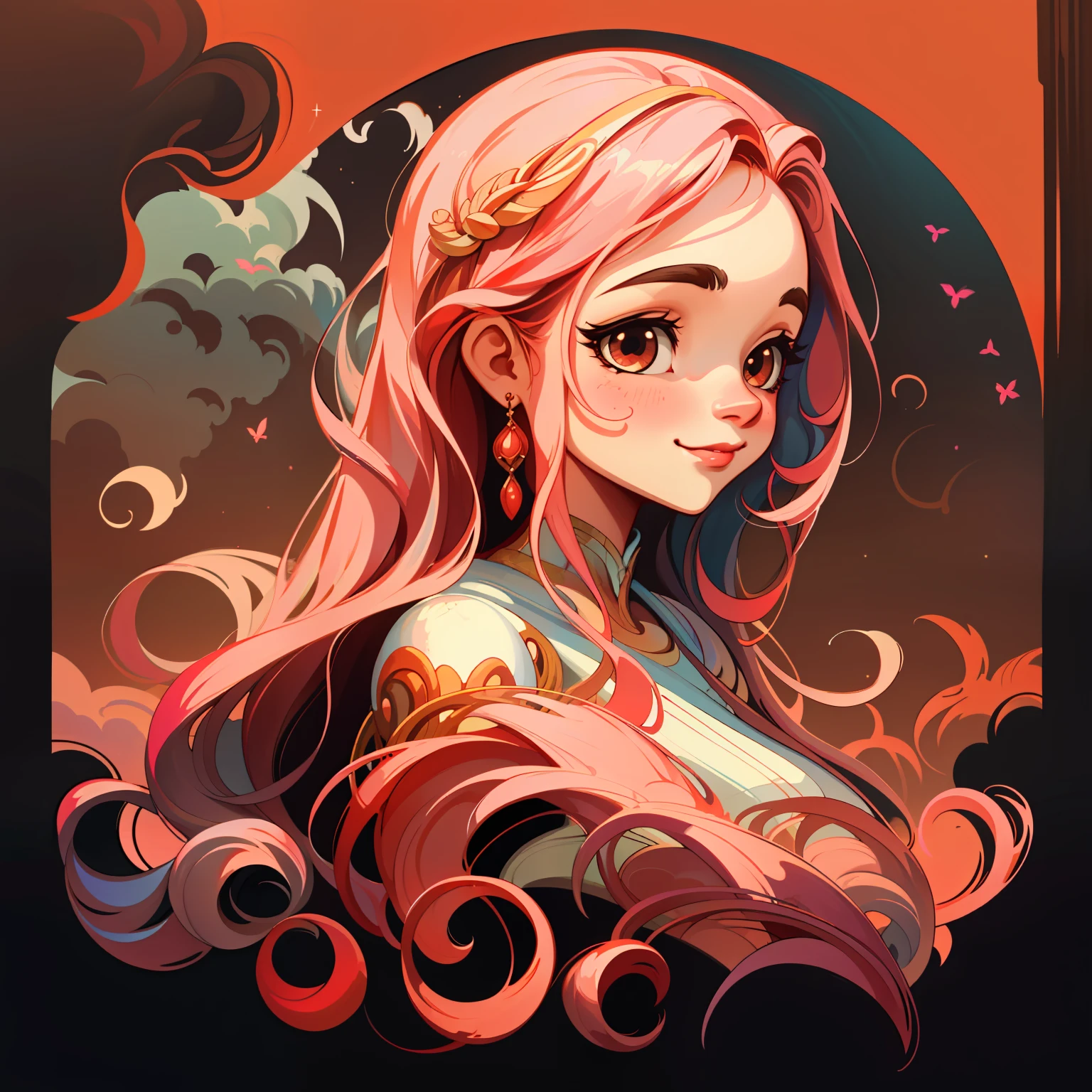 adesivo,1girl, fundo simples, retrato, girl with long hair, smilling girl, beautiful venus girl, venus aesthetic, beautiful girl, very beautiful fantasy art, beautiful and elegant female venus, beautiful detailed fantasy, red and pink color palate, red color-theme