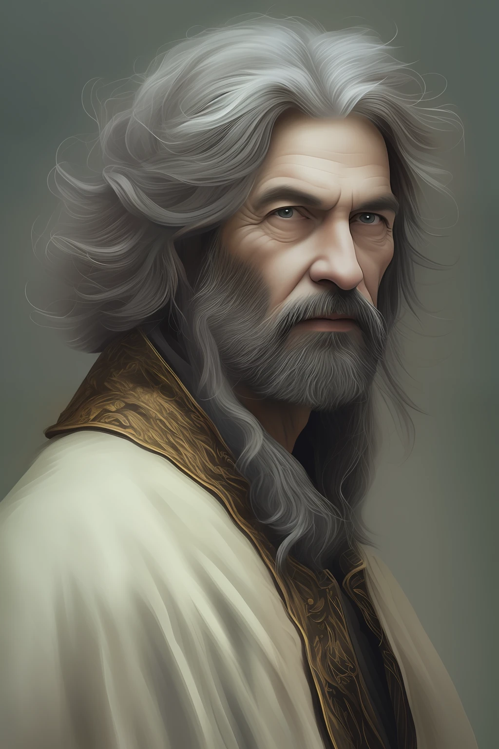 Lider religioso, homem, serious look, roupas brancas, barba grande, barba branca, idoso, 62 anos, personagem, arte, retrato, illustration
